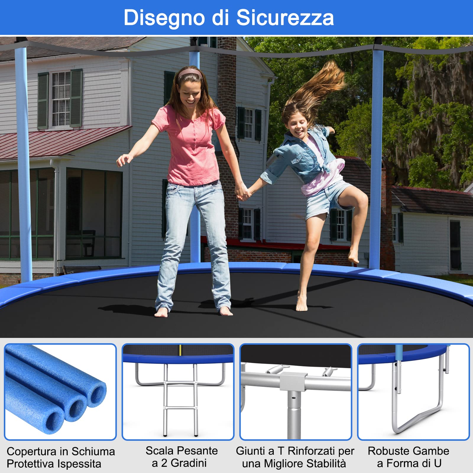COSTWAY Tappeto Elastico per Bambini 244/305/366/427cm Certificato GS, Trampolino Elastico da Interno ed Esterno con Rete, Tubi Galvanizzati Antiruggine e Scala