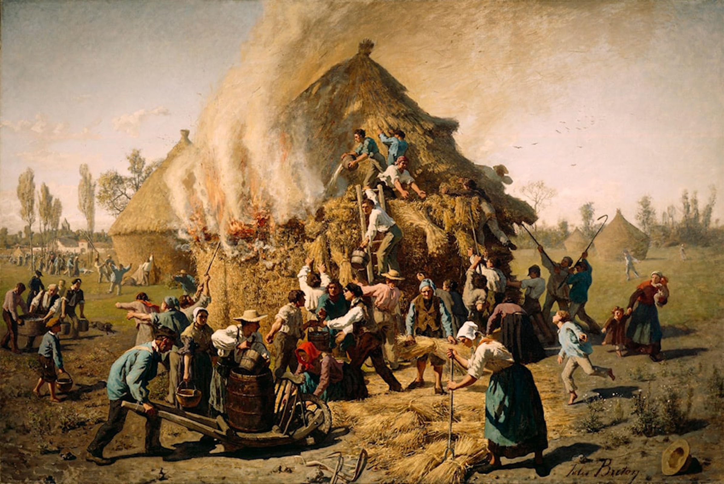 POSTERIIk Vintage Classic Picture Landscape Artwork Fire in a Haystack by Jules-adolphe Breton Portrait Canvas Painting for Office Home Decor 60x90cm