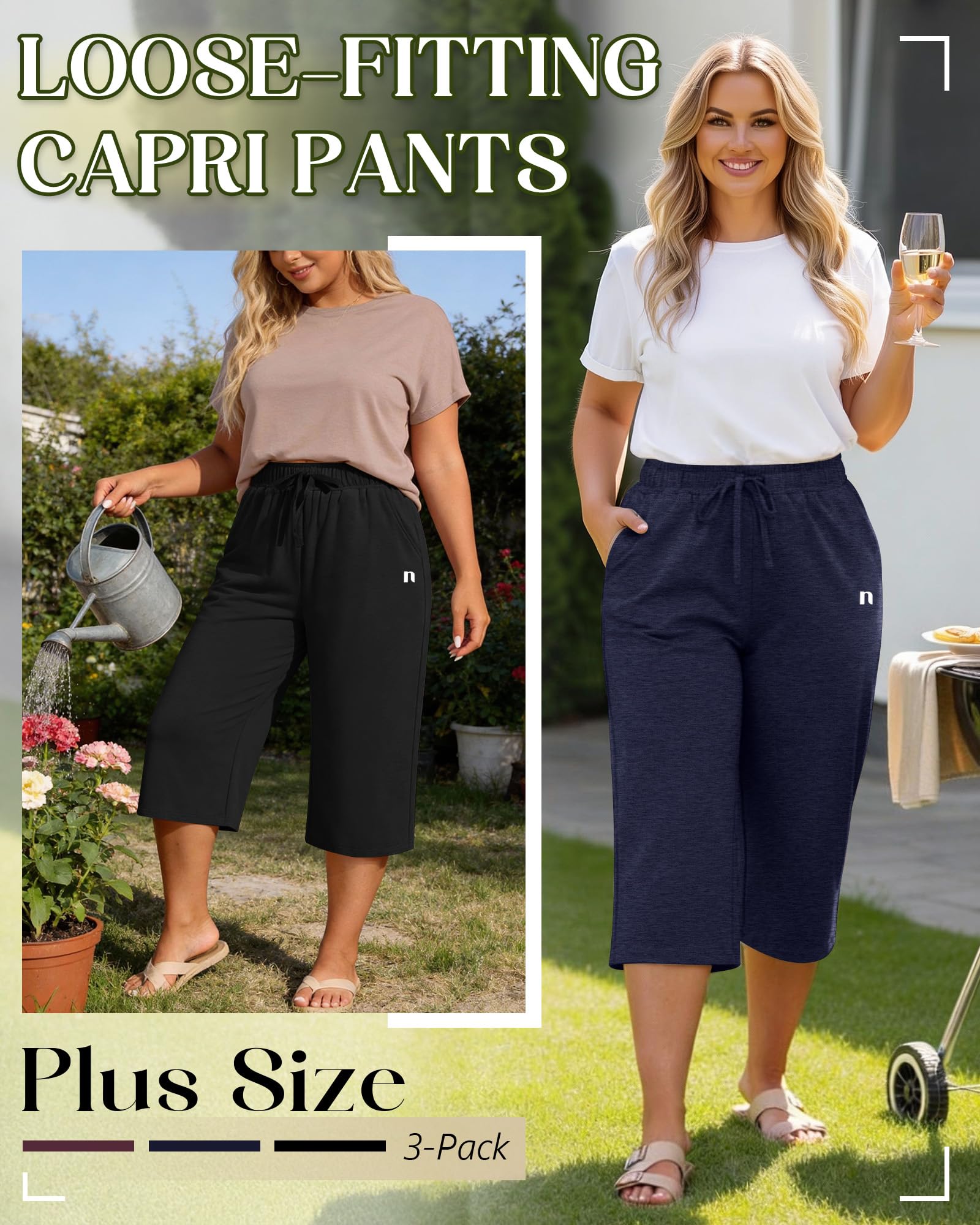 Neer 3er-Pack Damen-Caprihosen in Übergröße, Weite, lockere Hosen, lässige Capri-Jogginghosen mit Kordelzug und Taschen