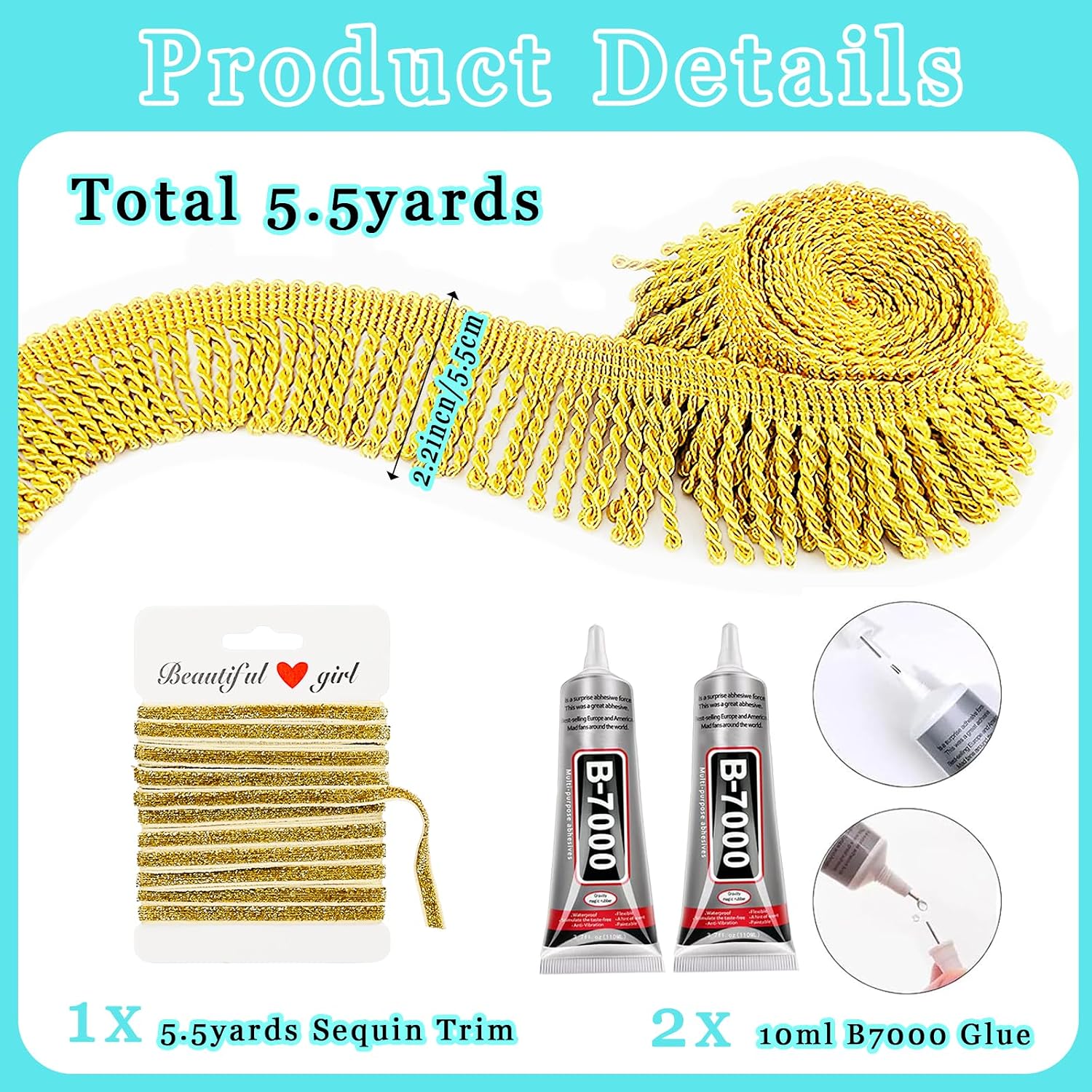 Gold Bullion Fringe Trim, 6 Yards X 2.2 Inch Fringe with B7000 Glue, Tassels Trim for Crafts Sewing by The Yard for Clothing Curtain Sofa
