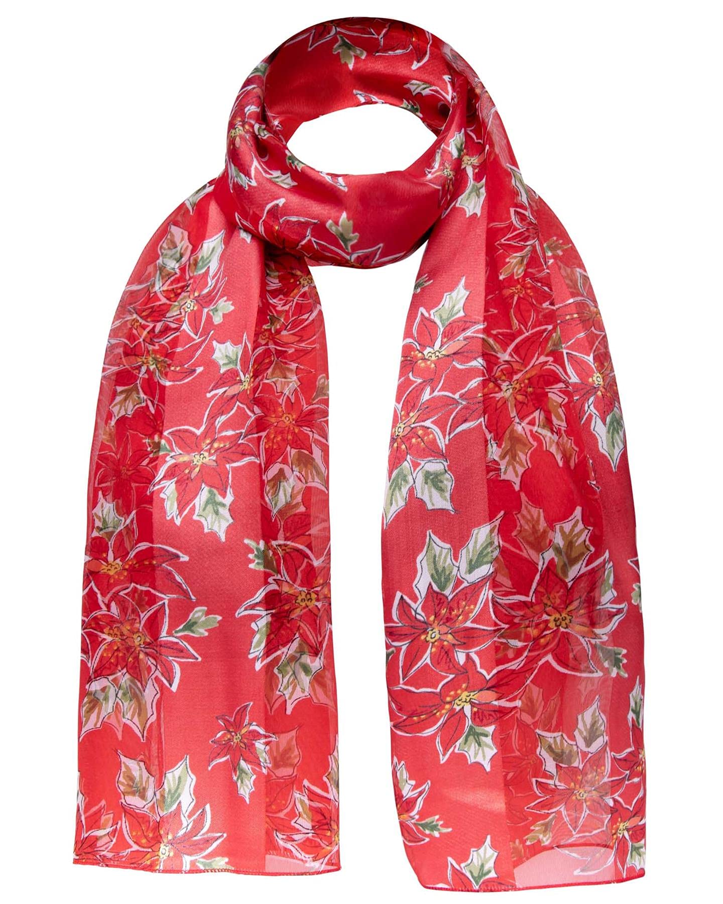 Basic Sense Christmas Scarf for Women, Festive Xmas Scarves with Santa, Snowman & Reindeer Prints, Poinsettia - Red