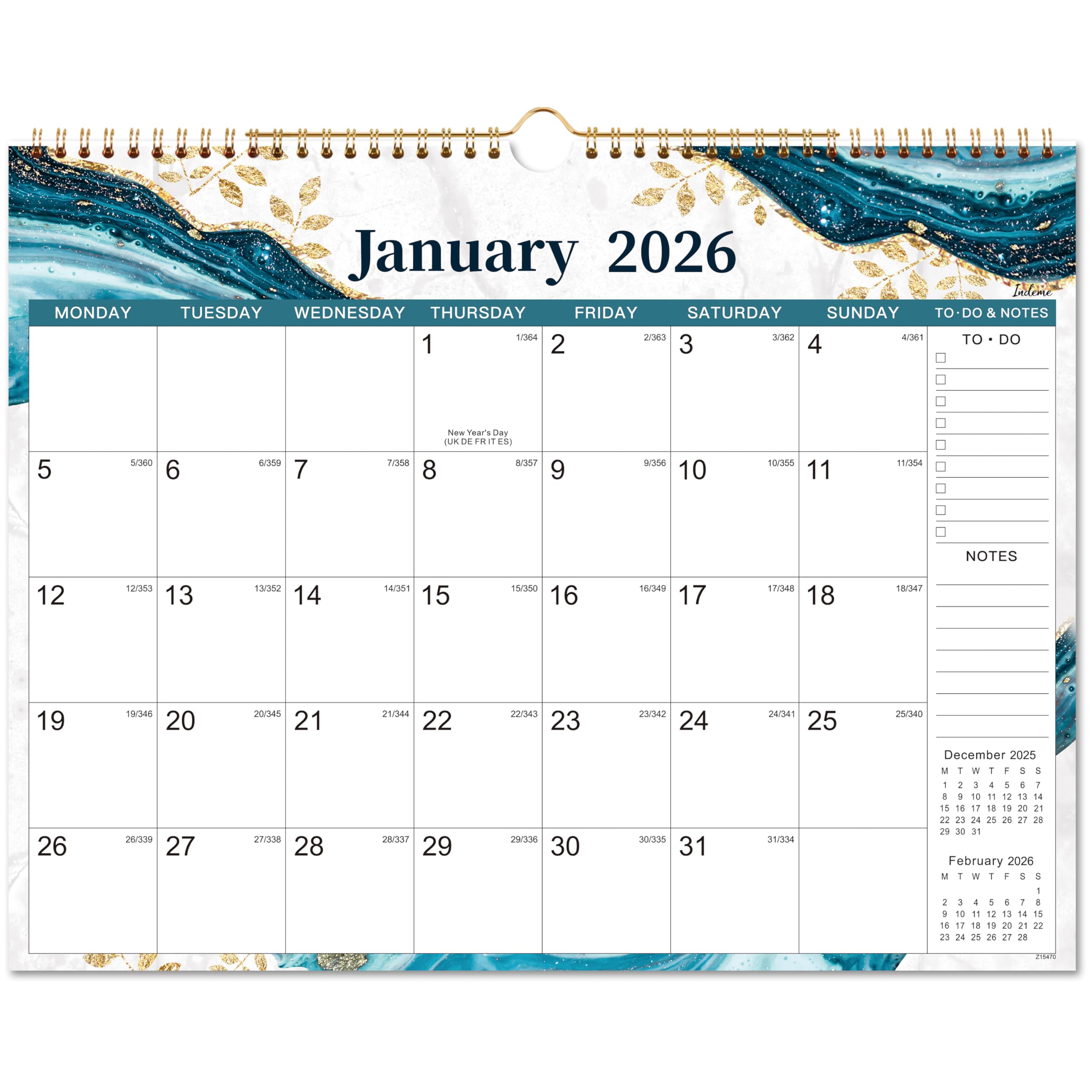 2026 Calendar - Wall Calendar 2026 from January 2026 to December 2026, Month to View Calendar, Twin-Wire Binding, Hanging Hook - Blue and Green, 37.6 x 29 cm