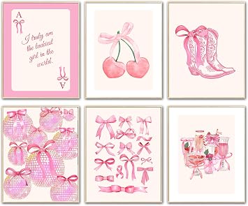 Pink Wall Art Posters for Teen Girls, Aesthetic Preppy Coquette Room Decor, Cute Bow Wall Decor, Trendy Bedroom and Dorm Room Decor, Stylish Pink Room Art, Cozy Wall Art for Girls Room