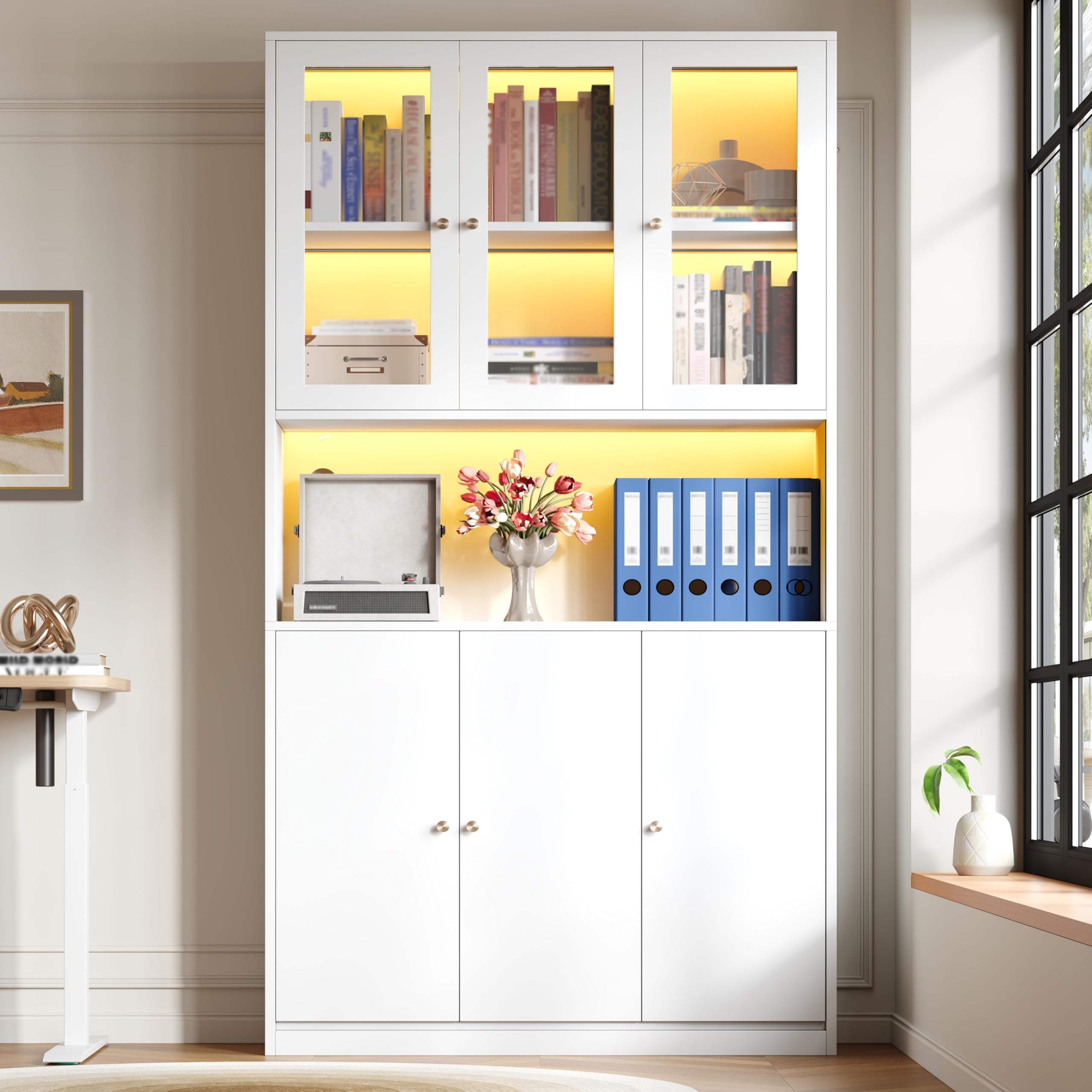 Libreria 100×35×200 cm con ante in vetro e illuminazione LED – Mobile autoportante con vetrina, vano a giorno e 3 ante; Archivio per raccoglitori e libri – Bianco (N)