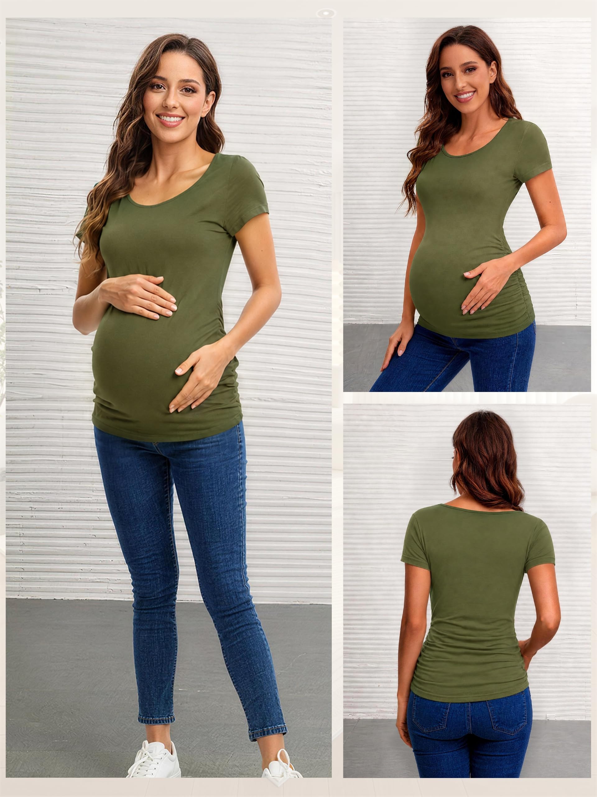 Lot de 3 t-shirts de maternité à manches courtes pour femme, noir + gris + vert armée, M