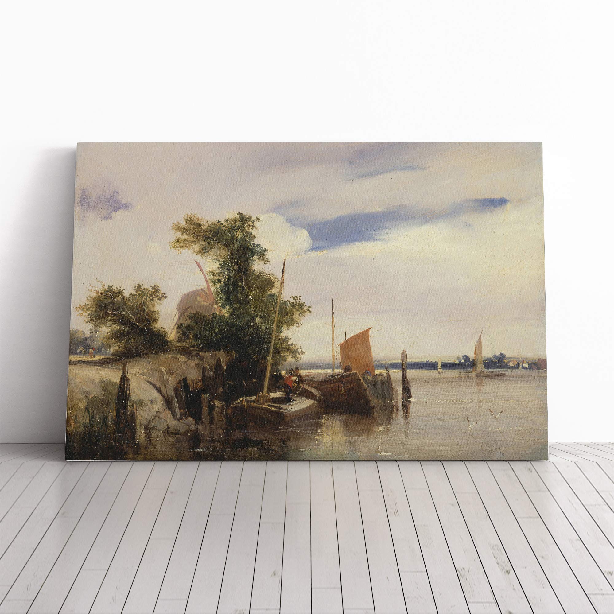Richard Bonington Barges on a River Canvas Print | Gallery Wrapped 30mm Frame Wall Art | 20x14 inches | Ready to Hang | Modern Landscape Picture | Living Room Bedroom Lounge Office