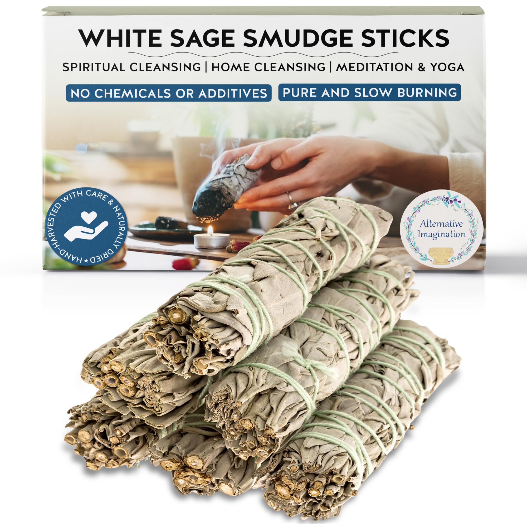 Alternative Imagination California White Sage Smudge Sticks - 6-Pack of 4-Inch Bundles for Home Cleansing,Energy Clearing, Meditation, Witchcraft, Spiritual Gifts,Altar & Smudging- Packaged in the USA
