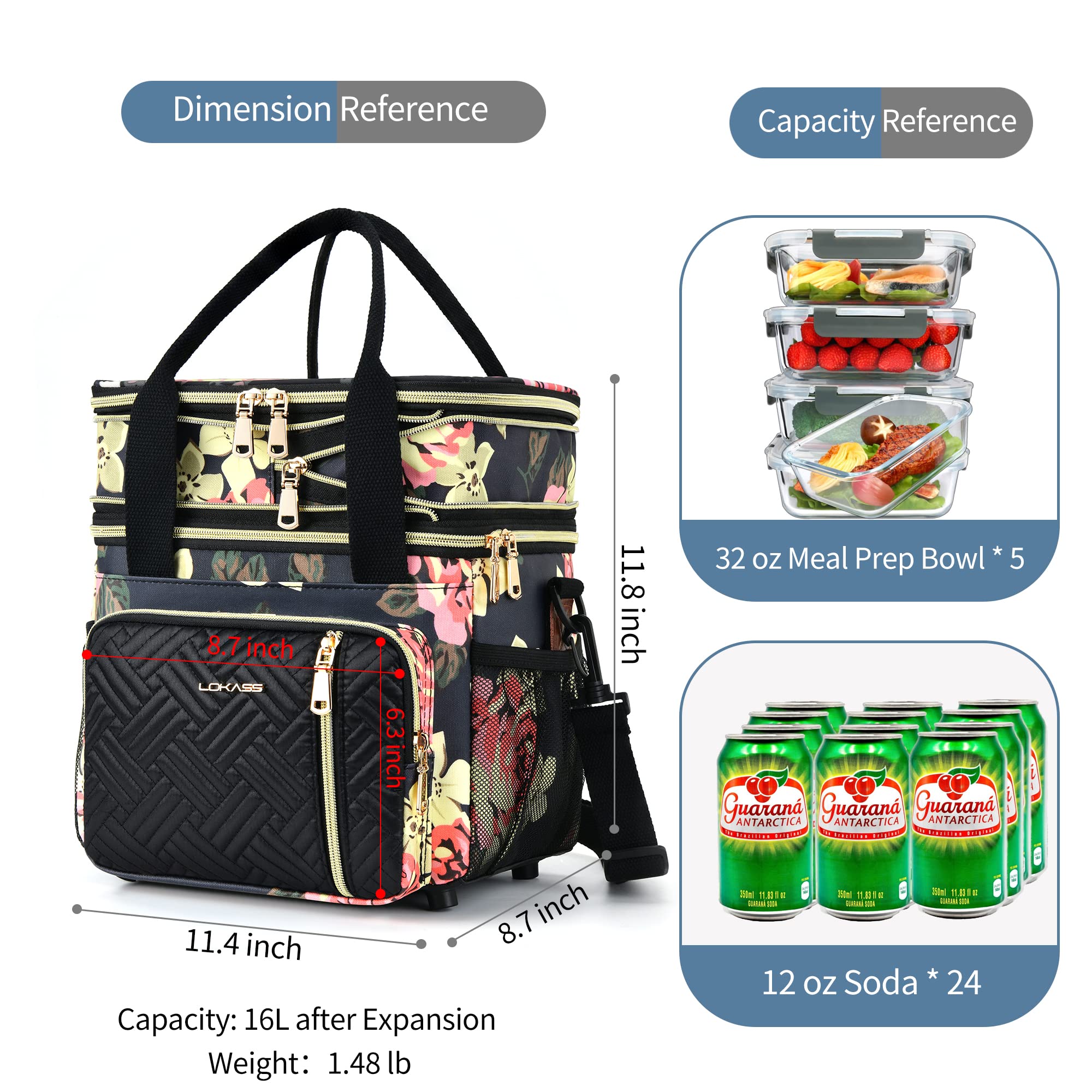 Contenitore per il pranzo e borsa per il pranzo da donna, grande, isolato, per adulti, a prova di perdite, borsa termica per lavoro, picnic, spiaggia, 16 l, floreale