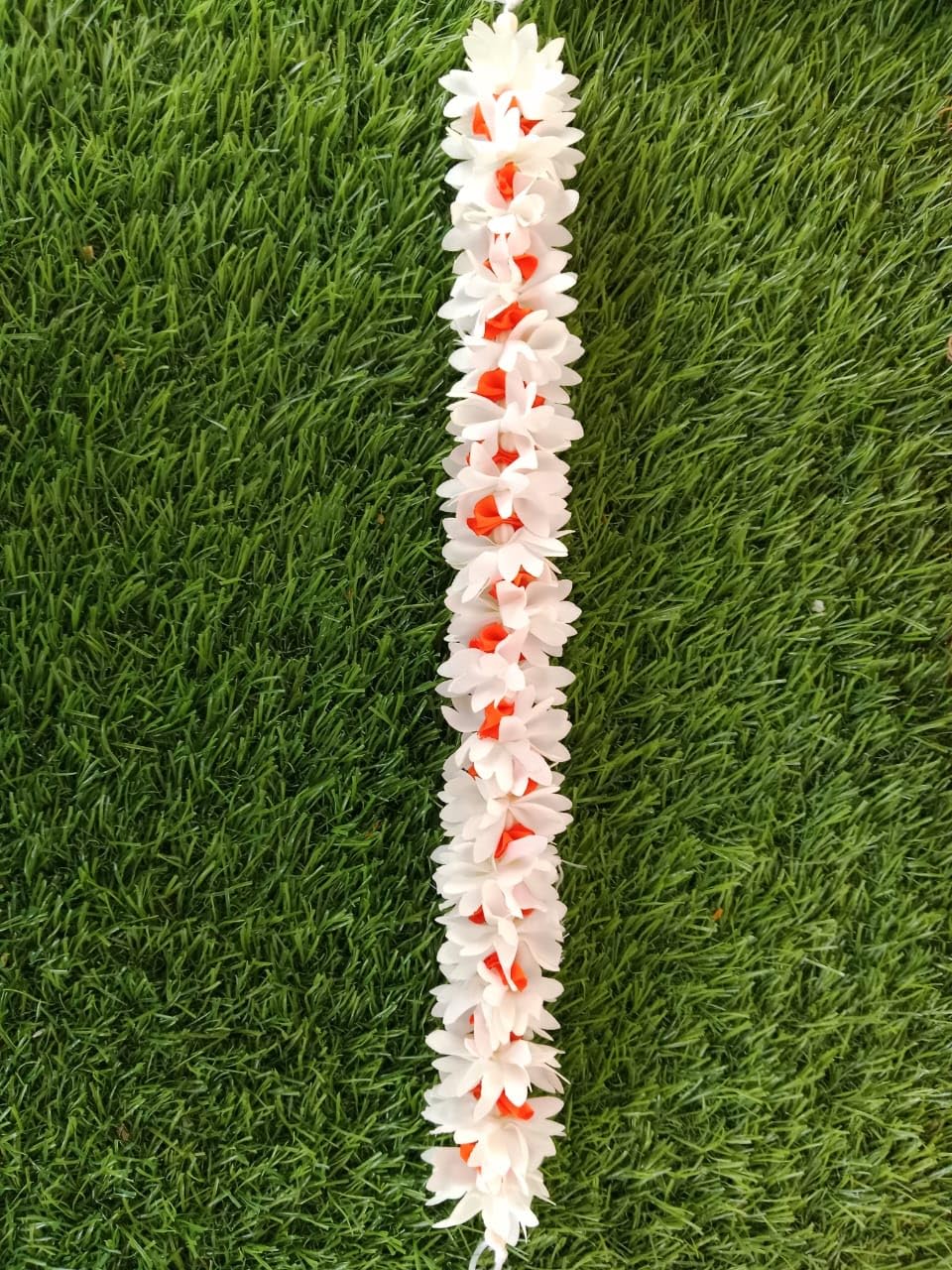 ARC Artificial Cloth Parijatha Flowers | (Size: 40 Inch) Cloth Fabric Washable Handmade Mixed Colour Artificial Garland Flower Mala for God Idols with Rings (White, Orange Mixed 40 Inches) Pack of 1-image-33