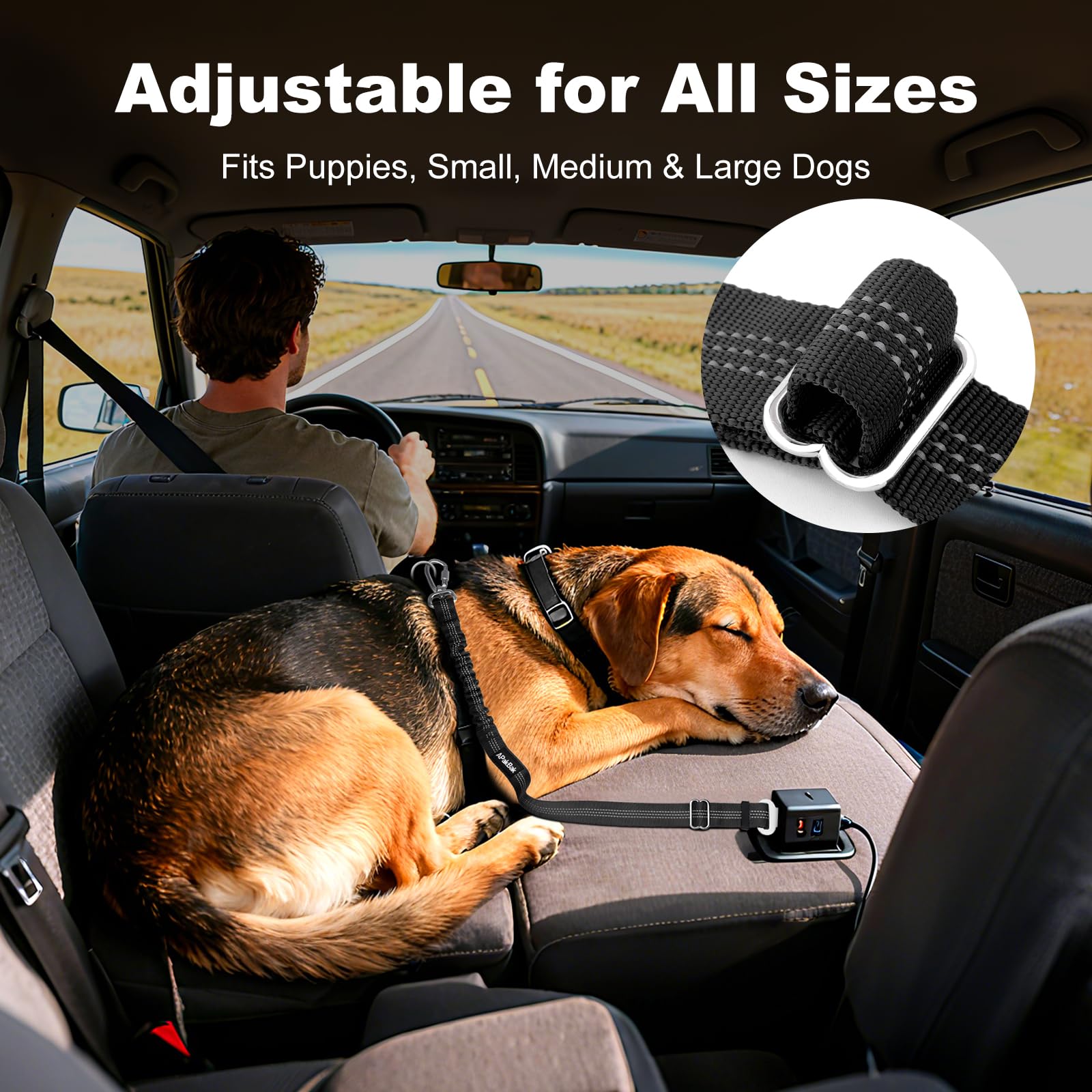 APakBak Dog Seat Belt for Car, Adjustable Dog Car Harness Seatbelt for Small Medium Large Dogs, Heavy Duty Travel Safety Restraint with Locking Aluminum Hook & Reflective Nylon Strap, Black - image 4