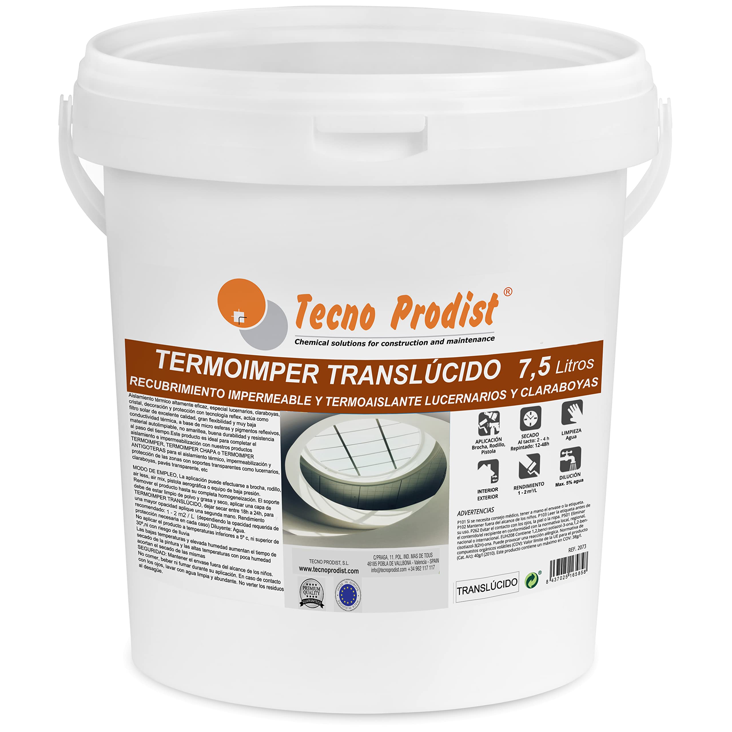 Tecno Prodist TERMOIMPER TRANSLÚCIDO(7,5 Litros) Impermeabilizante traslúcido muy elástico, aislante térmico y reflexivo, especial claraboyas, lucernarios, ideal para cristal, fibra de vidrio, Pvc,etc