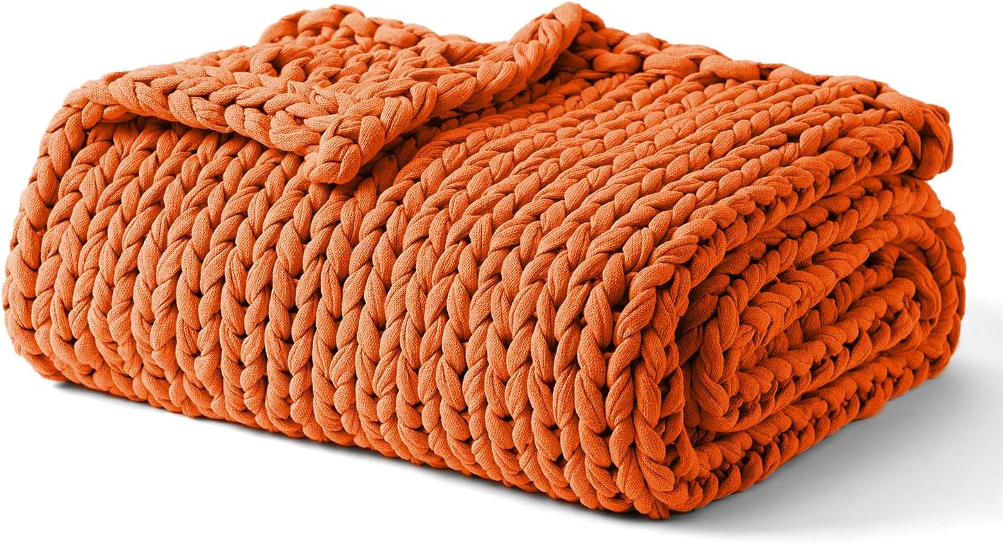 YnM Cooling Weighted Blanket, 100% Cotton Handmade Chunky Knitted Blanket, Weighted Lap, Breathable Heavy Blankets, Machine Washable Throw for Sleep or Home Decor (Orange, 35×40 Inch, 5lbs)
