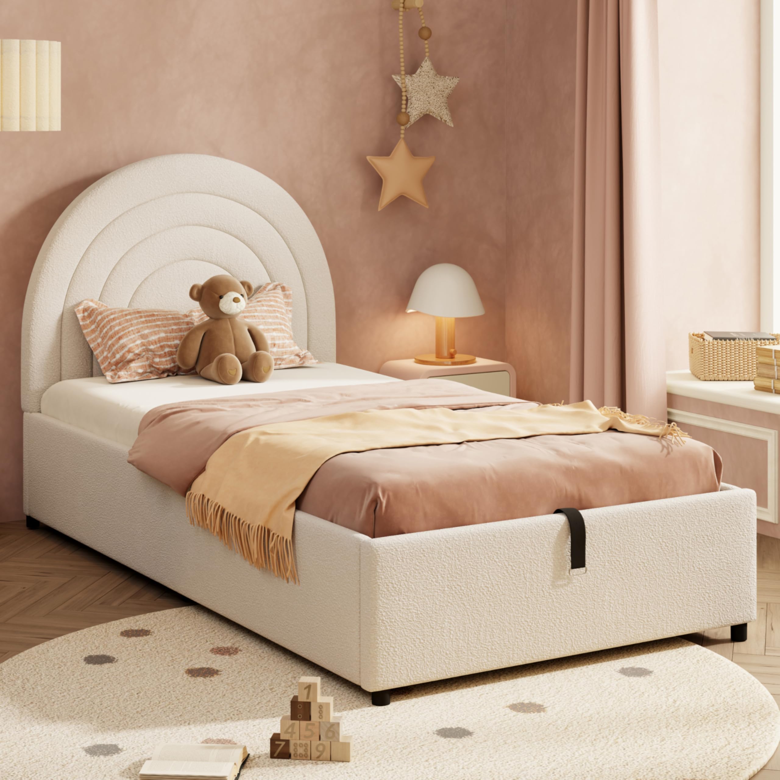 Merax 3ft Single Upholstered Bed with Storage, Girls Single Ottoman Bed with Hydraulic & Wooden Slatted Frame, for adults and teenagers, Boucle, Beige/90x190 cm (No Mattress) โ image 1