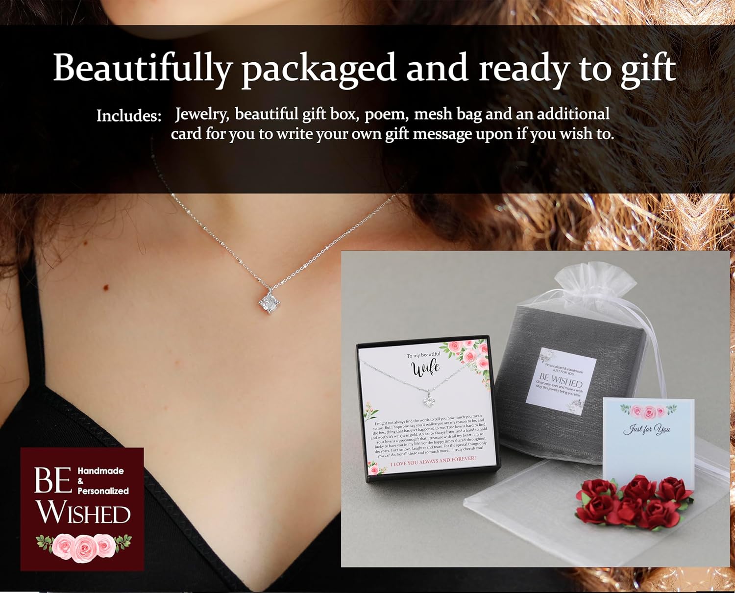 Be Wished Gift for Wife with Meaningful Message and Jewelry. Ready to Gift For Birthday, Anniversary, Valentines or Christmas (Silver CZ Diamond Necklace) - Image 2