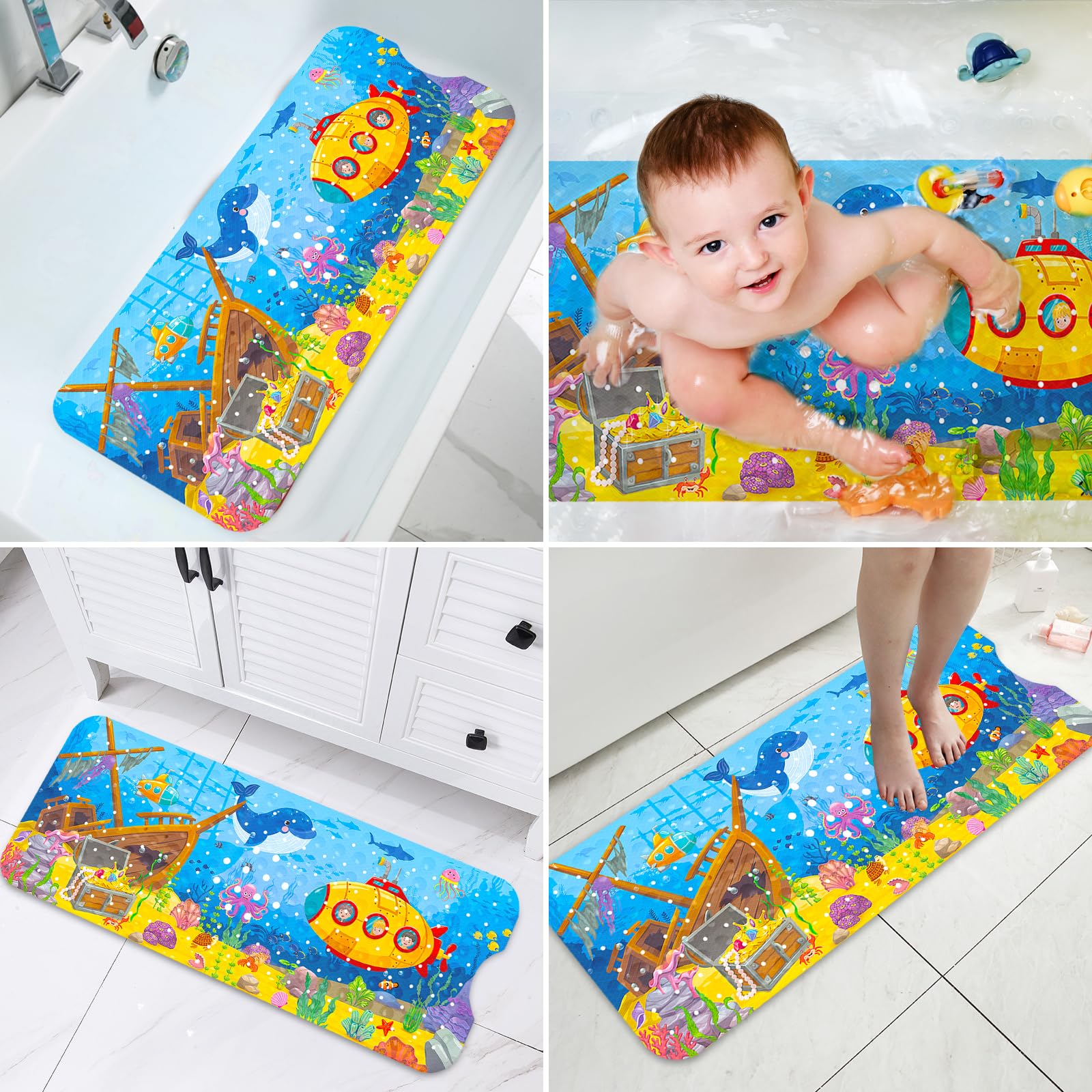 Tappetino Antiscivolo Per Vasca Bambini - 100x40cm Con Ventose E Design Animali Marini - Sicuro E Lavabile - Foto 5