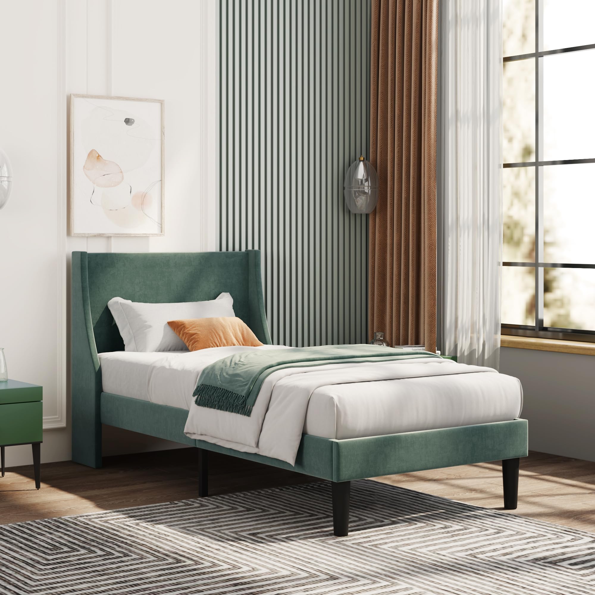 Merax Single Bed Frames | 3FT Upholstered Bed | Winged Headboard | Velvet Green 190 x 90 cm