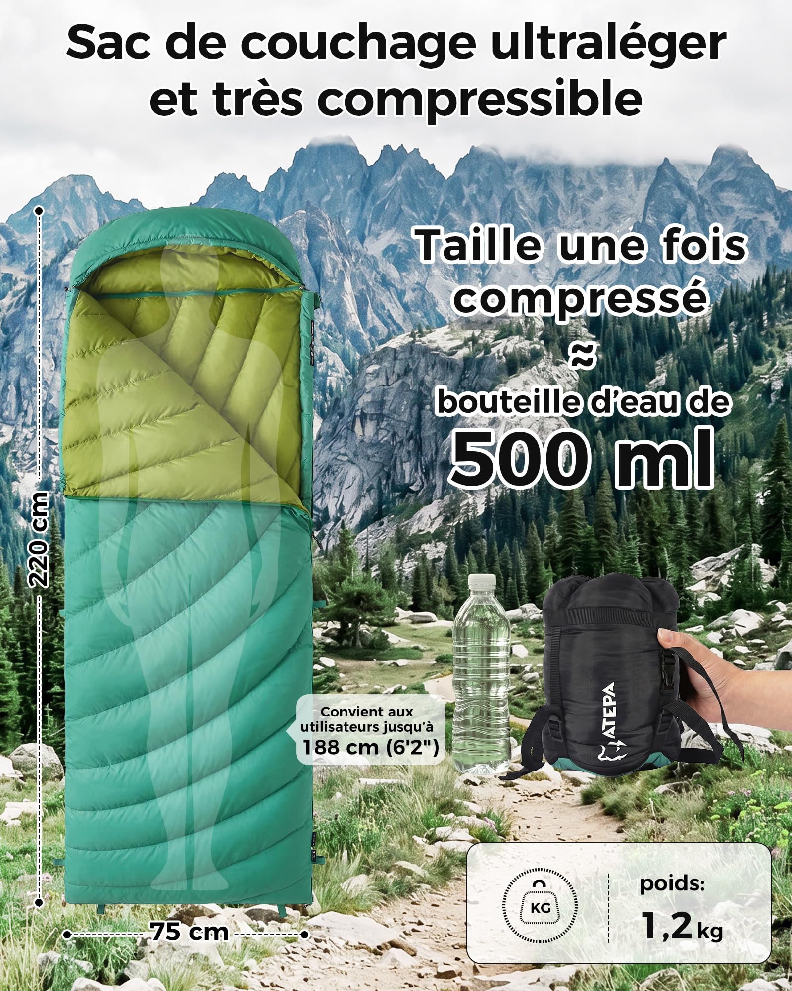 ATEPA Sac de couchage en duvet, sac de couchage d'extérieur avec duvet 600 FP, imperméable, sac de couchage pour 4 saisons, idéal pour les adultes pour le camping, les voyages et les aventures