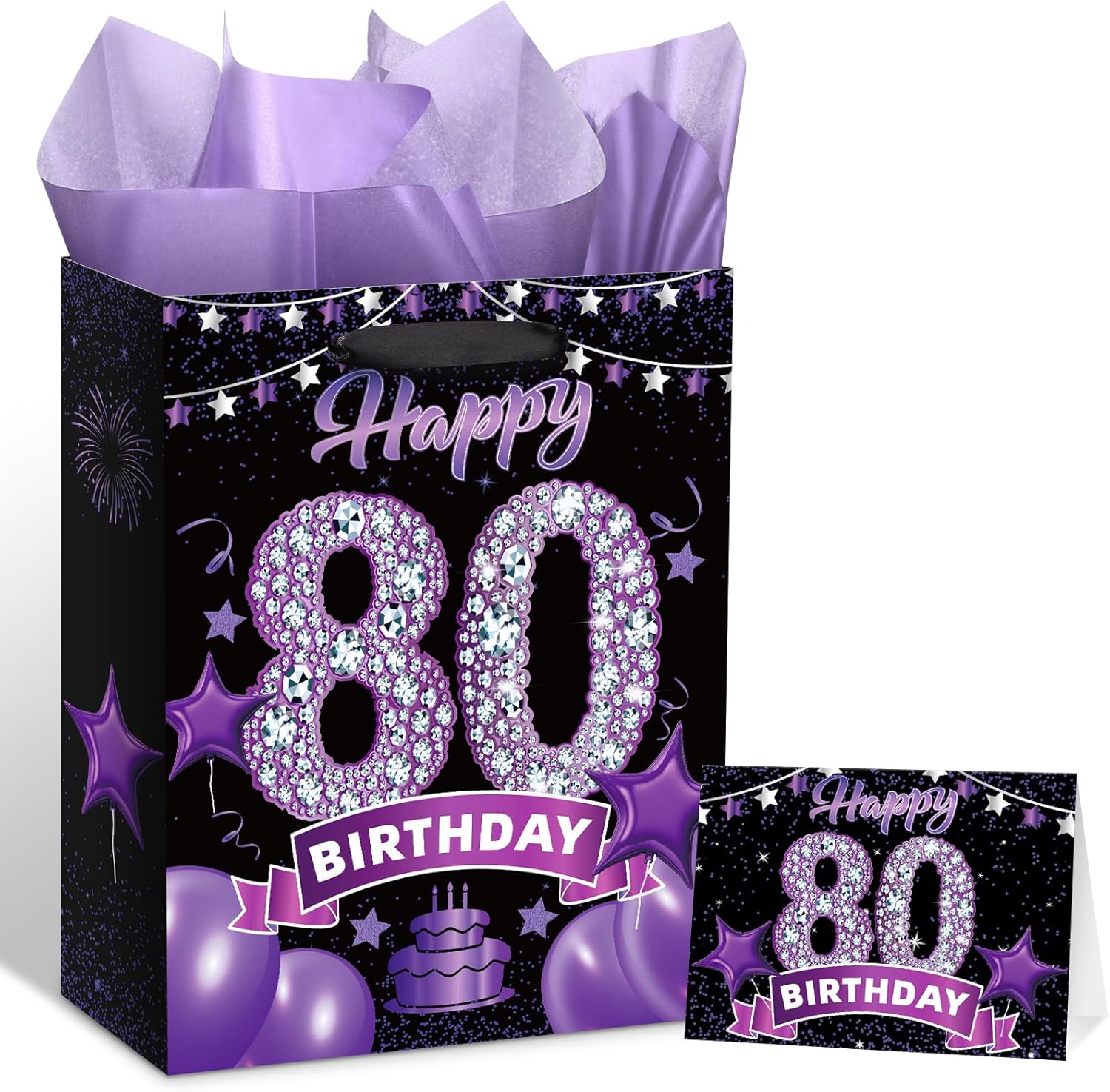 RUMIA Black Purple Happy 80th Birthday Gift Bag with Greeting Card and Tissue Paper for Women Purple 80th Birthday Wrapping Bag with Handles for 80 Years Old Anniversary Party Decorations Supplies