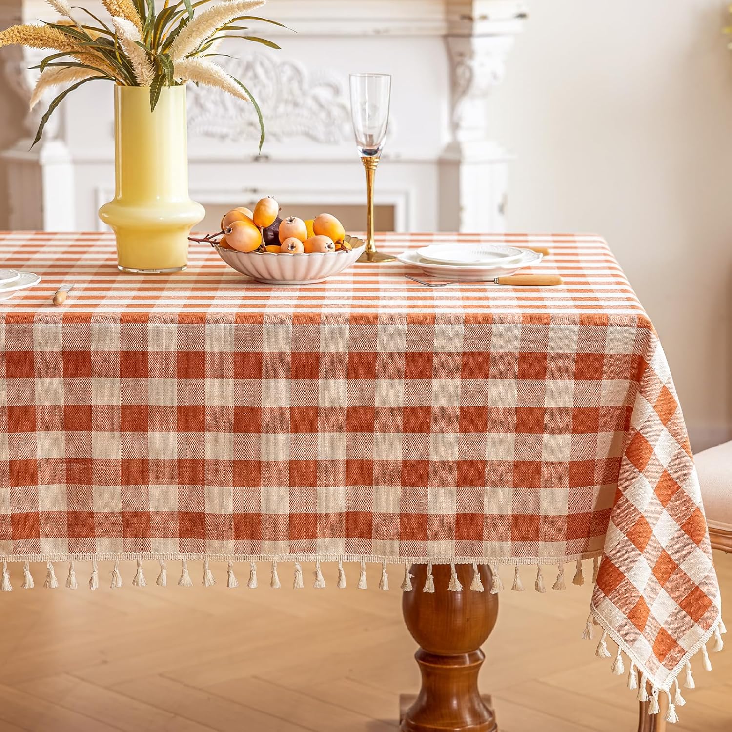 Checkered Fall Tablecloth Rectangle Cotton Linen Gingham Table Cloth with Tassel Washable Wrinkle Free Heavy Duty Buffalo Plaid Table Cover for Dining/Party/Picnic (Orange, 55" x 102" (Rectangular))