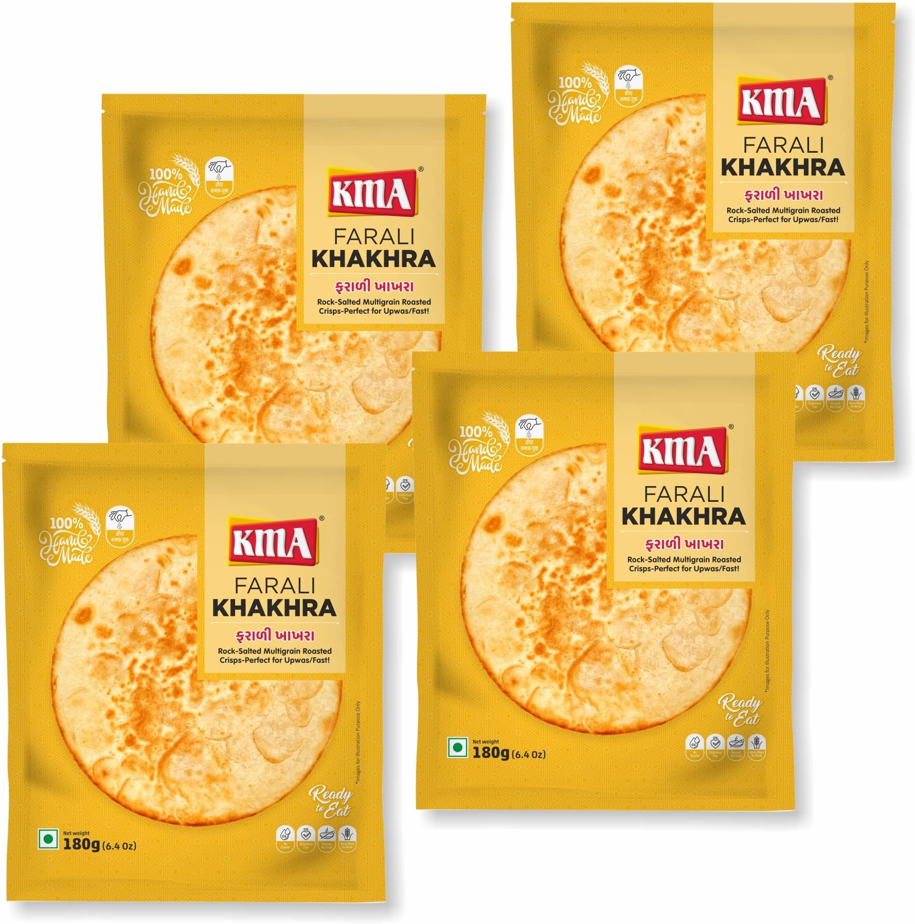 KMA Farali Khakhra 720g (4 Packs * 180g each) - Special Snacks for Falahar, Upwas, Vrat, Fast, Handmade Roasted Fresh Jain Gujarati Snacks , Crispy & Nutritious with Rich Ingredients , Gluten Free Multigrain Snack , Ready to Eat Indian Delights , Easy to Carry