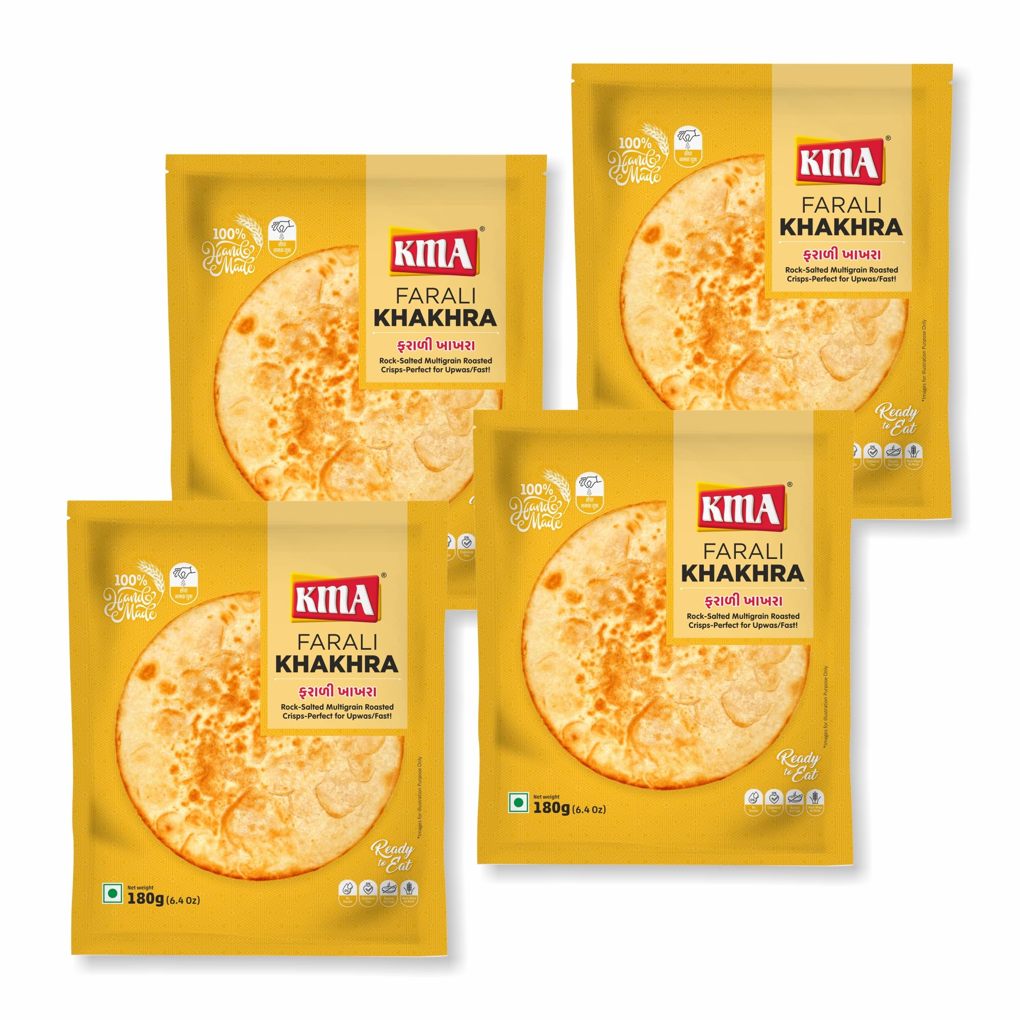 KMA Farali Khakhra 720g (4 Packs * 180g each) - Special Snacks for Falahar, Upwas, Vrat, Fast, Handmade Roasted Fresh Jain Gujarati Snacks , Crispy & Nutritious with Rich Ingredients , Gluten Free Multigrain Snack , Ready to Eat Indian Delights , Easy to Carry