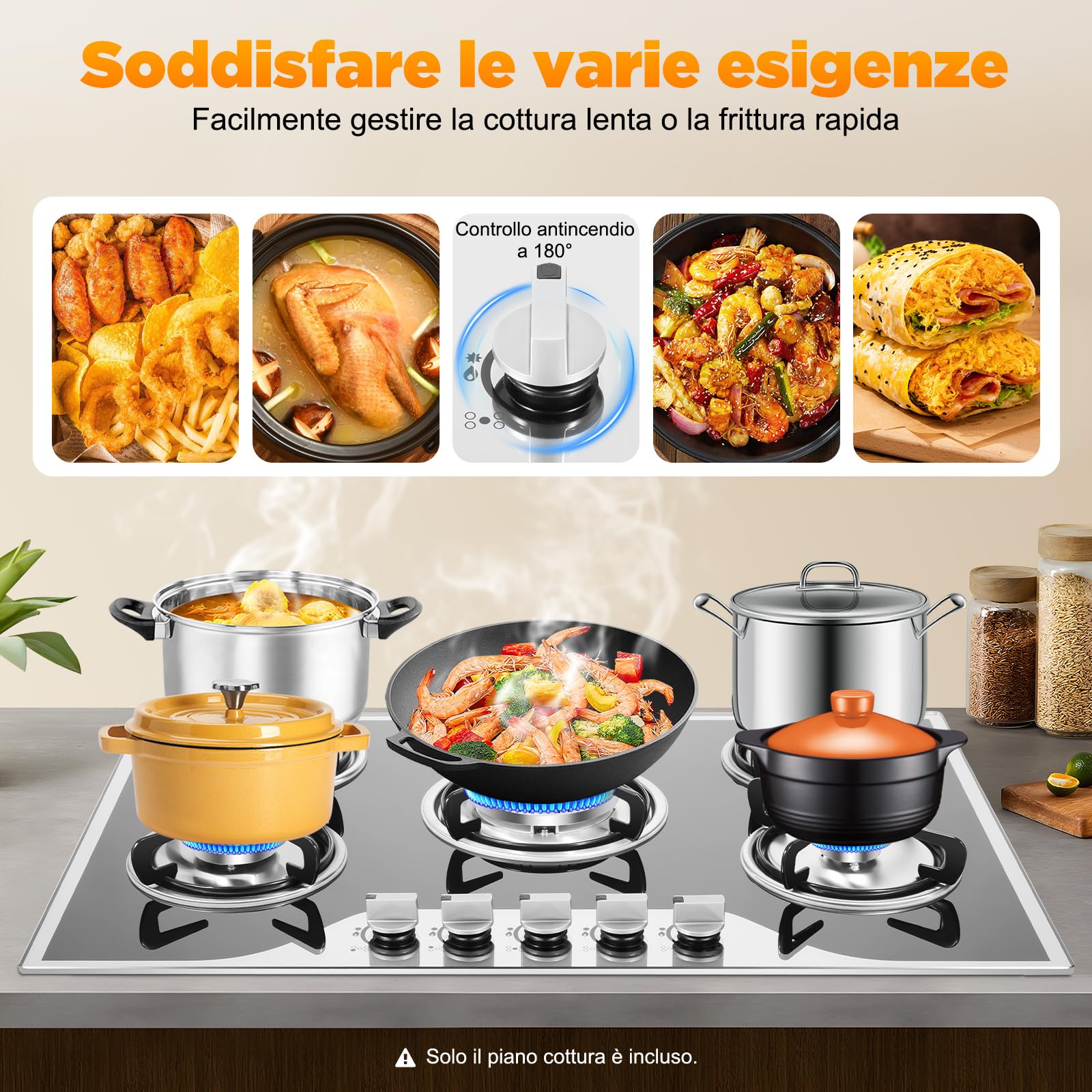 Piano cottura a gas 5 fuochi, Piano cottura a incasso, 5 zone, da incasso LPG/NG, fornello a 5 luci, in acciaio inox per gas naturale/propano