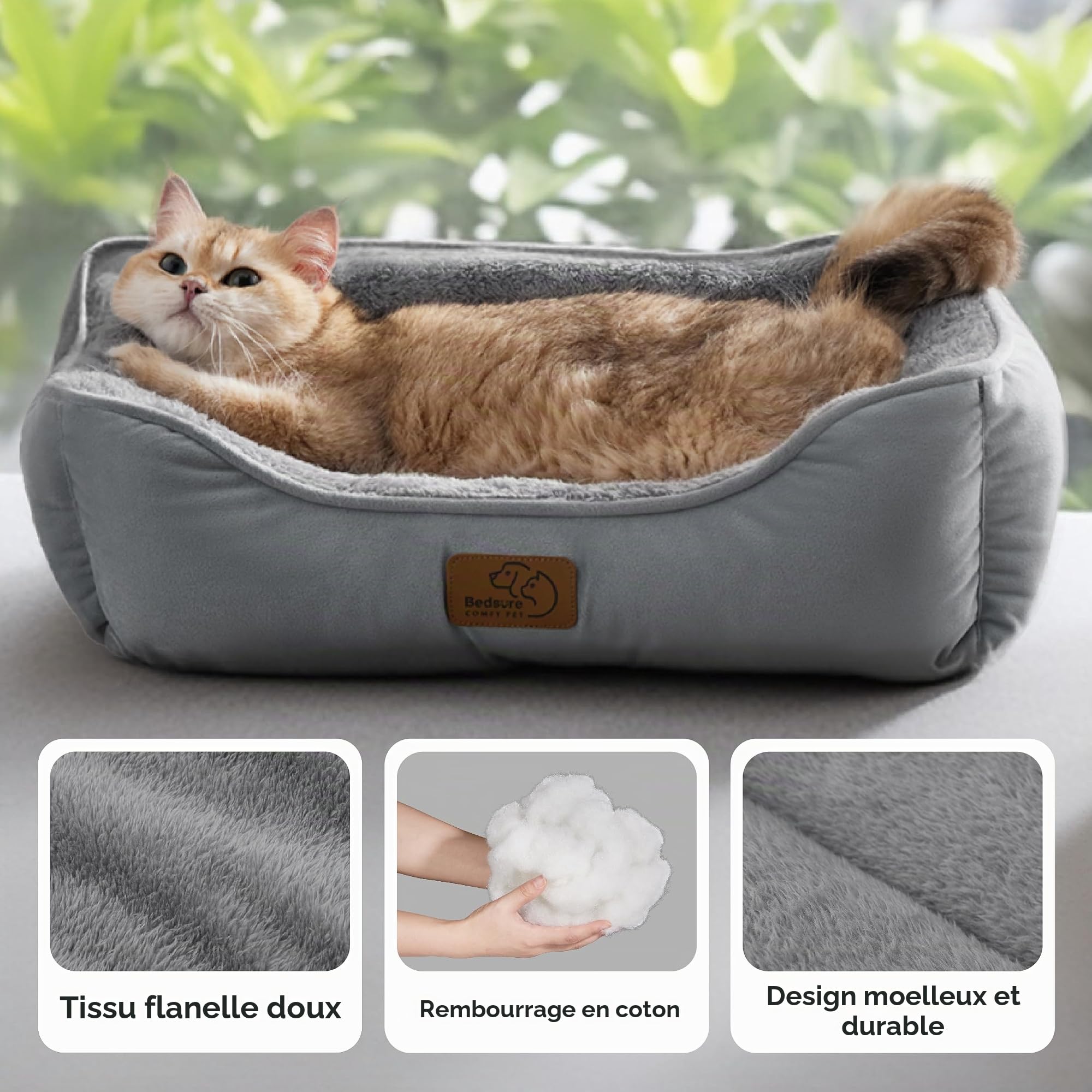 Bedsure Panier Chat Lavable Intérieur - 51x41 cm Lit Rectangulaire Lavable pour Petits Chiens et Animaux Domestiques avec Fond Anti-Dérapant pour Chatons et Chiots, Gris