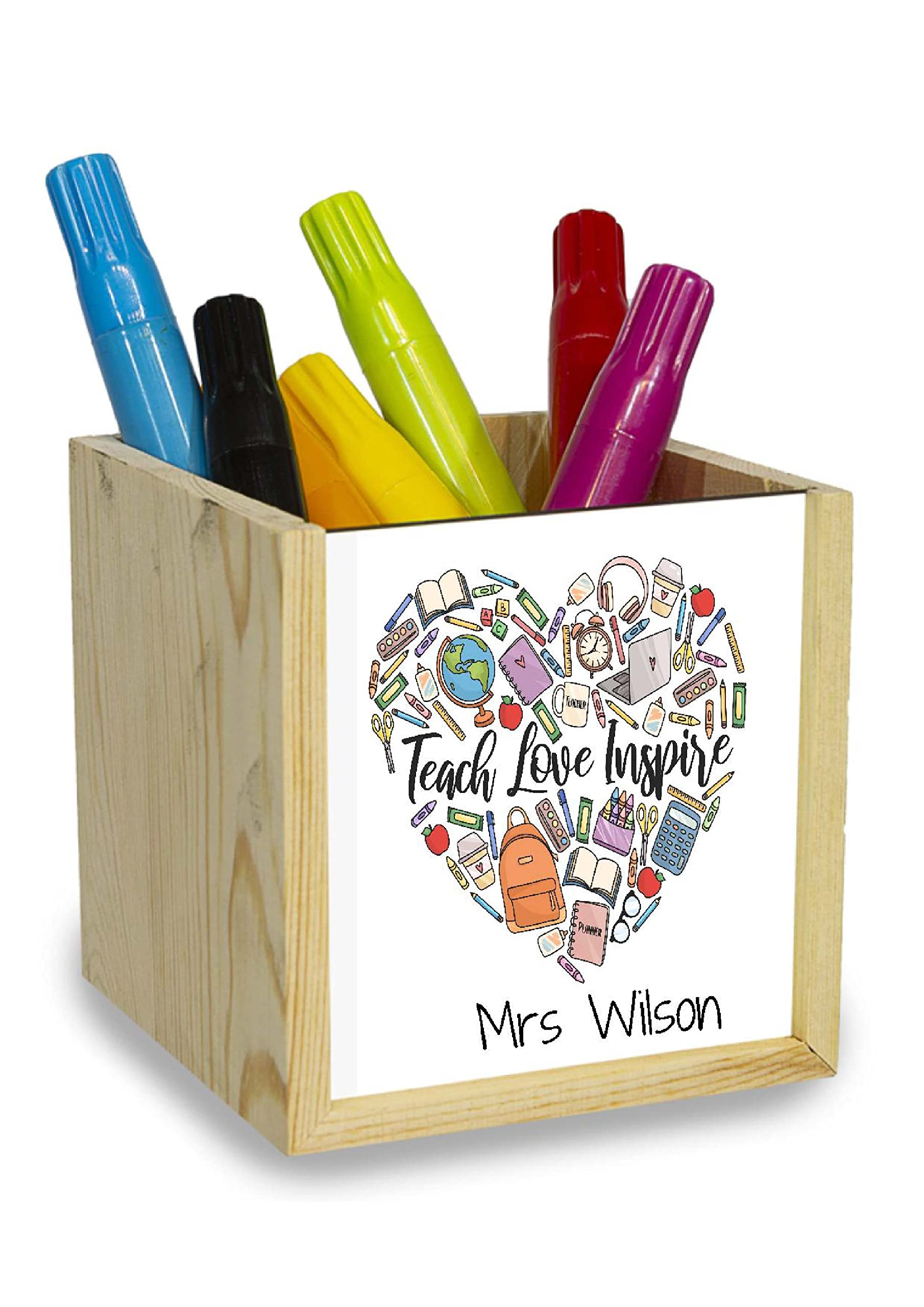 TM THREADS Personalised Teacher Pen Pot, Teach Love Inspire Wooden Custom Teacher Pencil Pot, TA Gift, Teacher Thank You Present, Teacher Desk Tidy