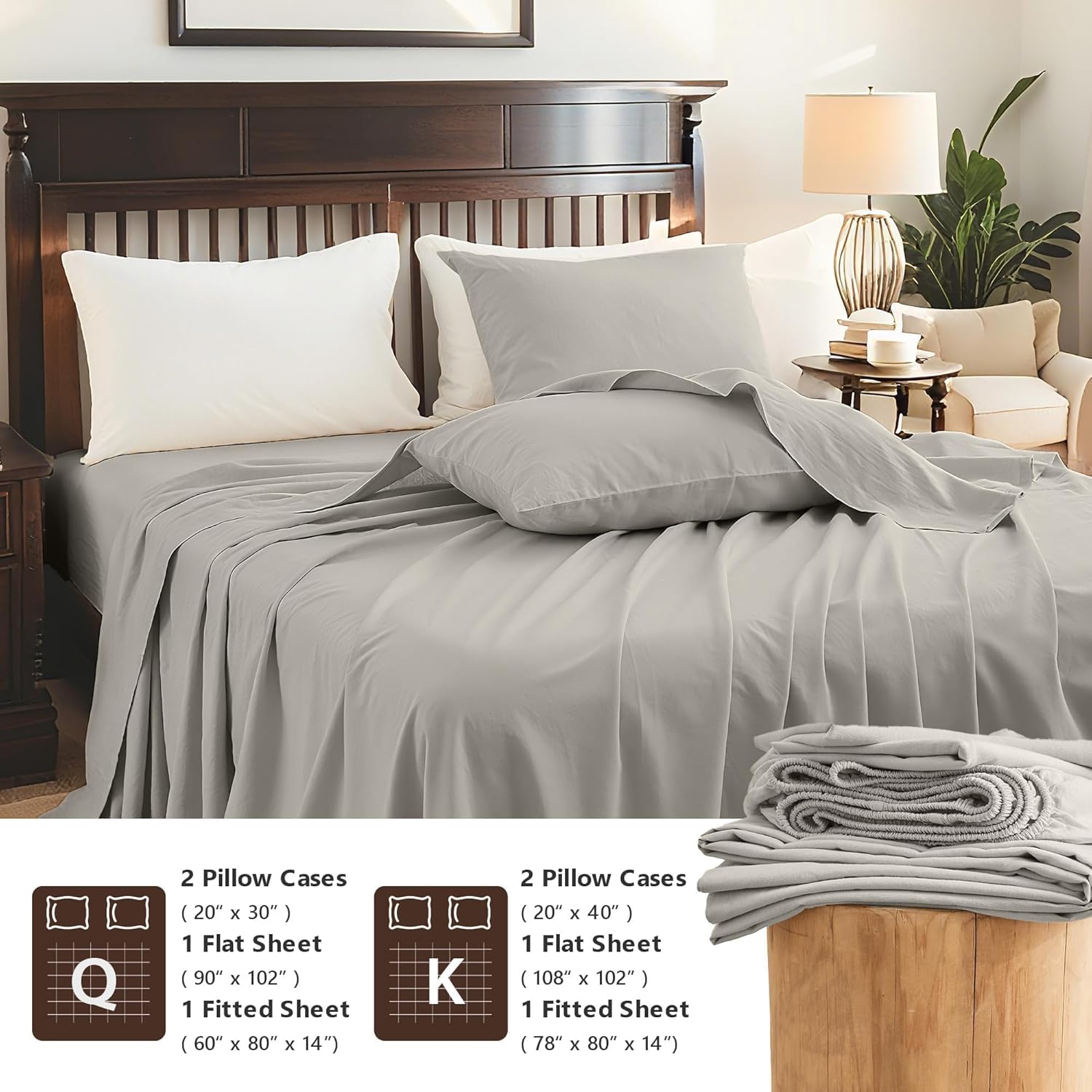 Flax Linen Sheet Set King Size, 4Pcs Natural Linen Cotton Bed Sheet with 1 Flat Sheet, 1 Fitted Sheet & 2 Pillowcases, Soft & Breathable Farmhouse Bedding Set for Hot Sleepers (Gray, King)