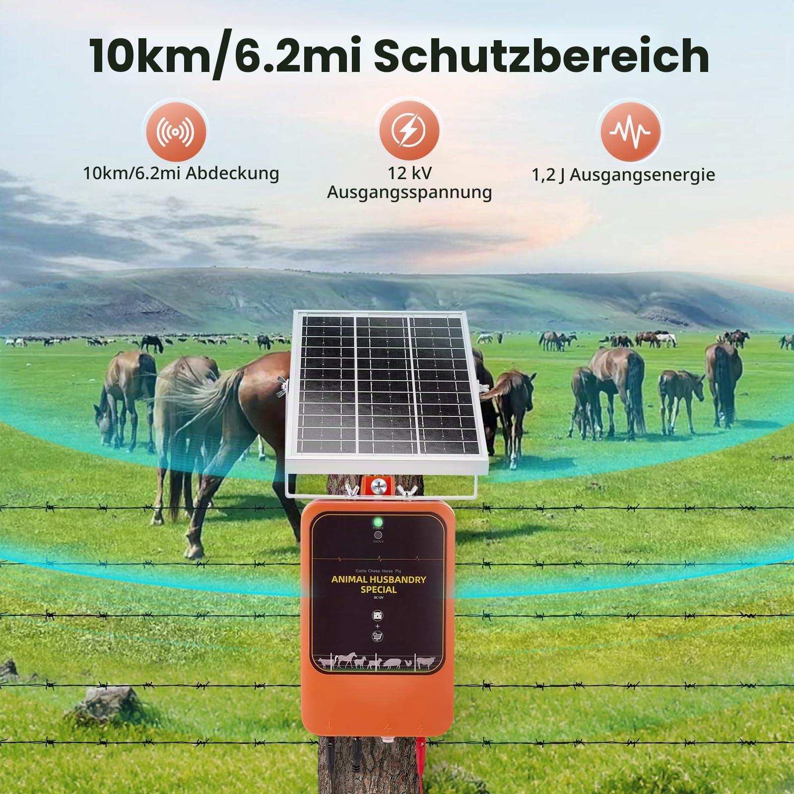 10km Solar Elektrozaungerät, 1.2J 12kV Wiederaufladbarer Weidezaungerät mit Solarpanel & Netzteil, IP65 Wasserdicht für Vieh, Bauernhof, Weide, Geflügel