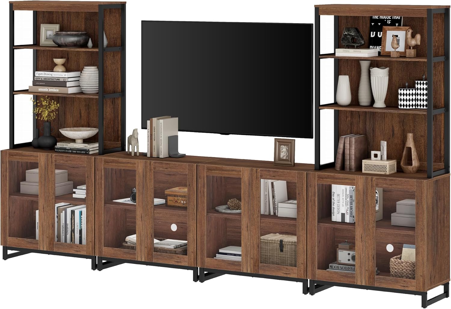 WAMPAT Modern TV Stand with 3 Tiers Bookshelf, Farmhouse Entertainment Center with 12 Drawers and Adjustable Shelf, Media TV Console with Black Metal Leg for Living Room, Begie