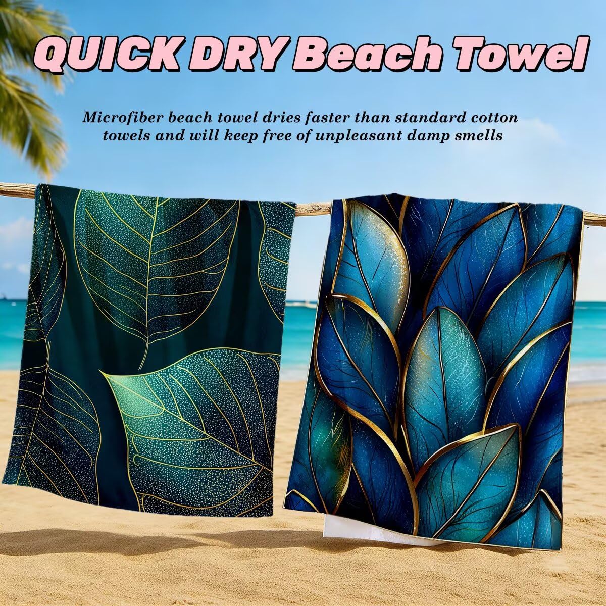 Strandtuch XXL 100x220 cm, Mikrofaser Handtuch 2er Set, Sandfrei Strandtuch, Schnelltrocknend Sporthandtuch Fitnessstudio, Saunatuch Damen Herren Badetuch Groß, Strandhandtuch für Strand (Blatt) -4022