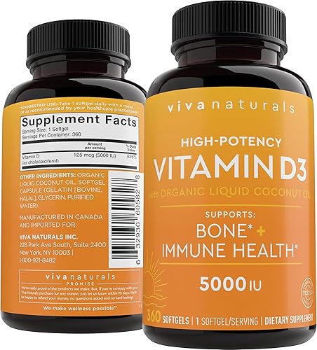 Viva Naturals Vitamina D3 5000 UI, cápsulas blandas, 360 unidades (125 mcg), apoya la salud ósea e inmune, vitamina D de alta potencia