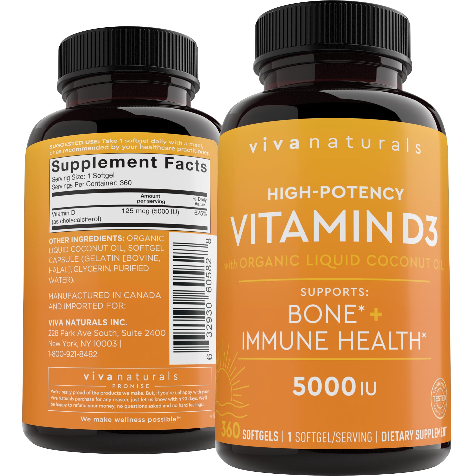 Viva Naturals Vitamin D3 5000 IU Softgels, 360 Count (125 mcg), Supports Bone & Immune Health, High Potency Vitamin D