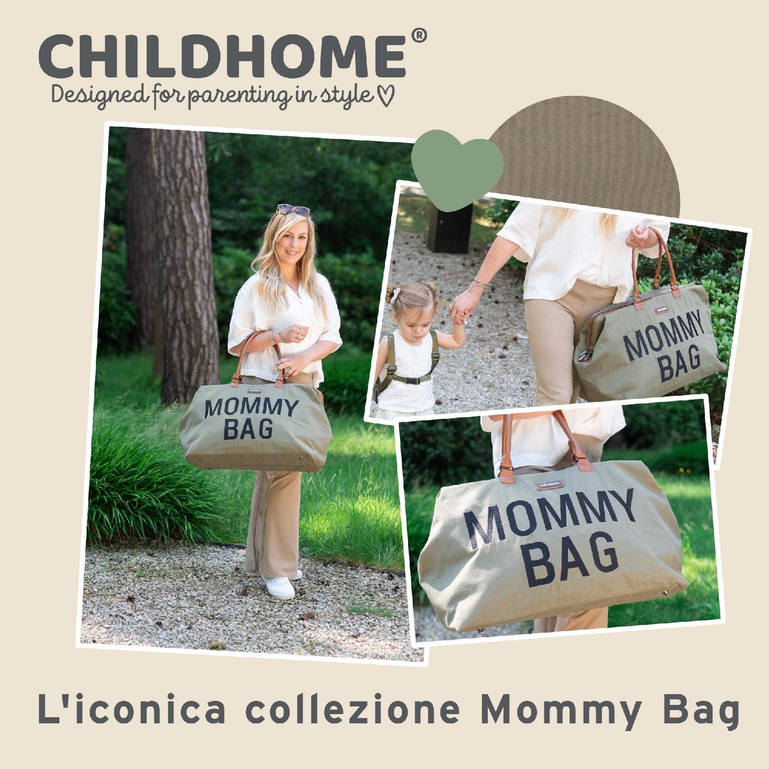 CHILDHOME Borsa per il cambio Maternità Grande capacità Tracolla regolabile Tasca isolata kaki