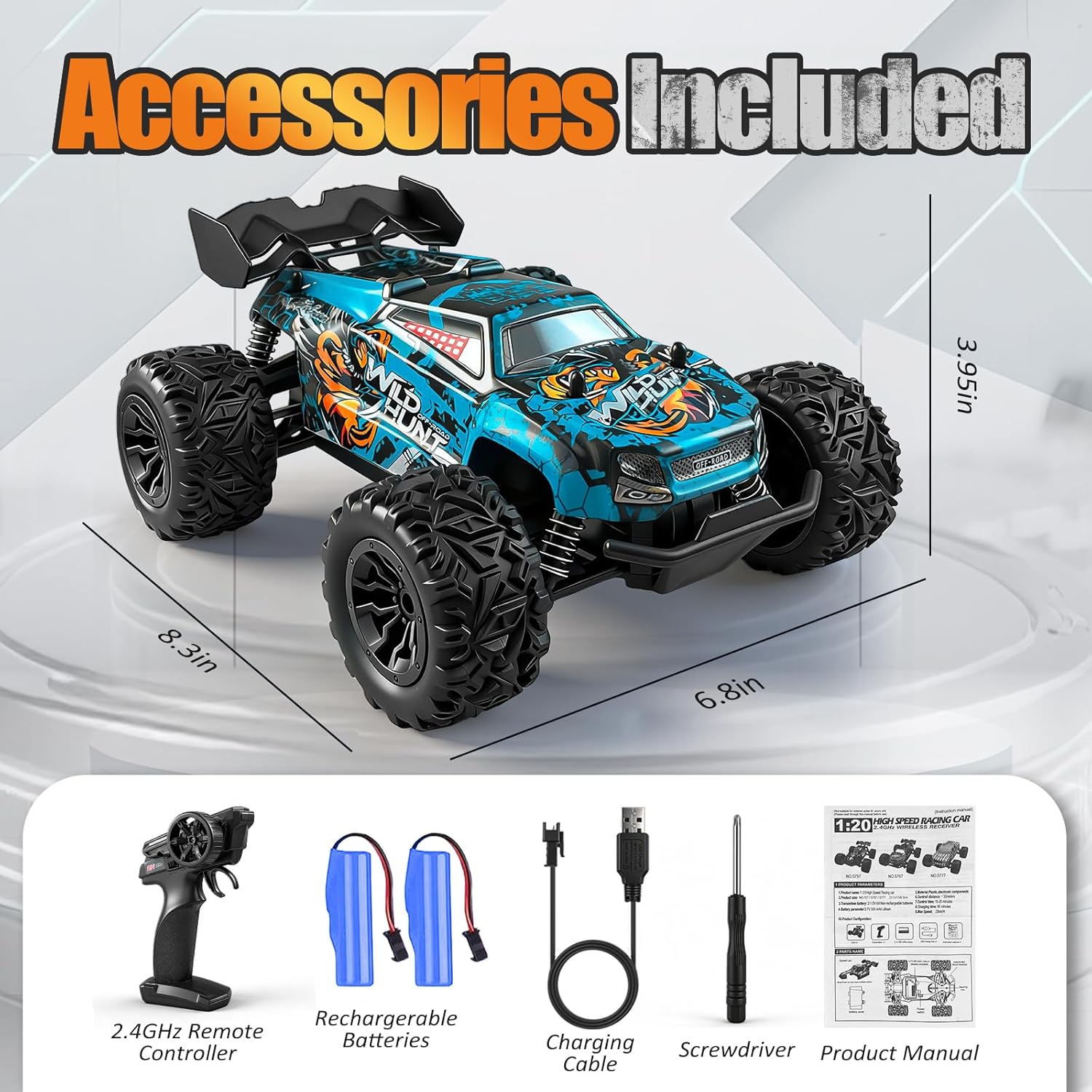 Remote Control Car for Kids, All-Terrain Remote Control Truck for Boys, Rechargeable Rc Truck, 1:20, 20KM/H, 2.4GHZ, Speed Friendly, Sturdy, Ideal Gift for Christmas, Birthday, Kids, Beginner (Blue)