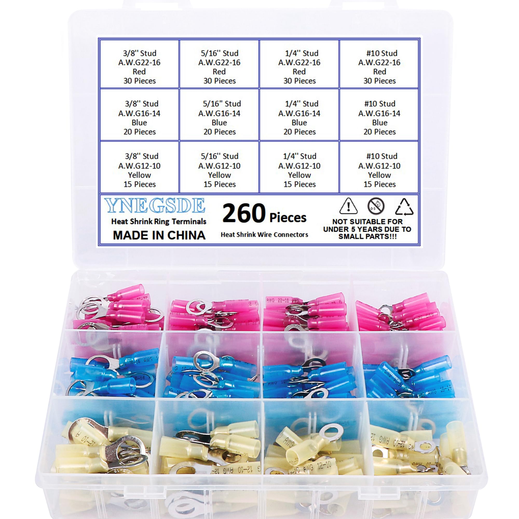 Heat Shrink Wire Connectors Ring Terminal Kit – 260PCS Marine Grade Waterproof Wire Ring Terminals, Insulated Electrical Crimp Connectors for AWG 22-16, 16-14, 12-10 – Red, Blue, Yellow