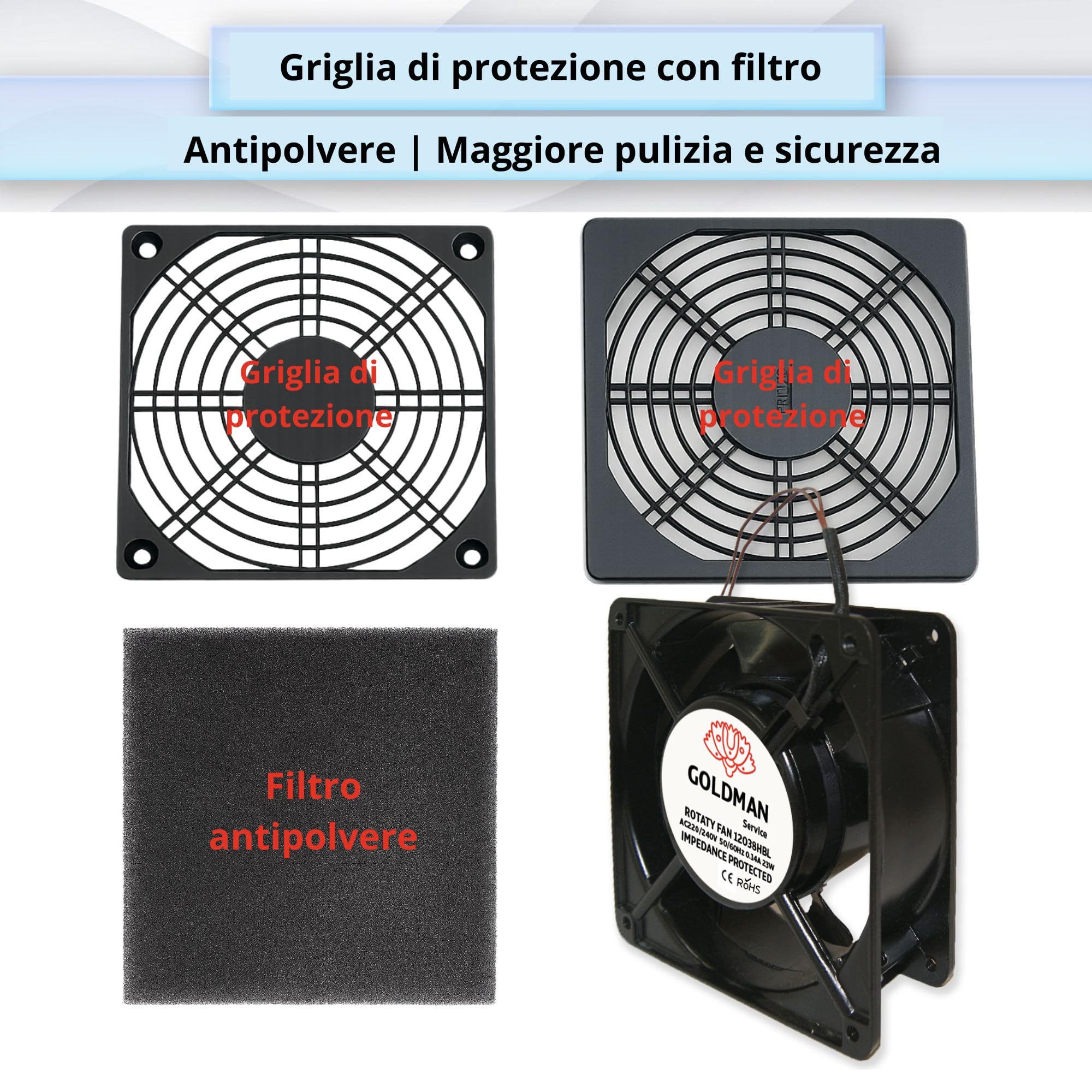 GOLDMAN SERVICE | Ventola Assiale ad Alta Temperatura con Griglia e Filtro per Inserti da Camino | Silenziosa con Pale Metalliche Potenti | Dimensioni: 120×120×38 mm (23 W)