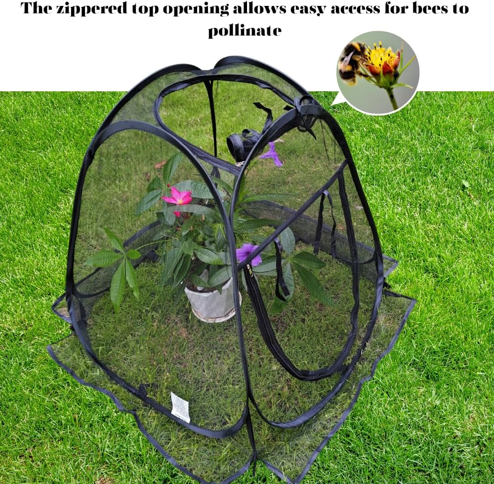 Plant Covers Pop up Gardening Net Cover,Insect Bird Barrier Netting Mesh Plant Netting Pest Guard Cover with Zip Entry for Plants, 2-Pack, Black (Black- 2 Packs)