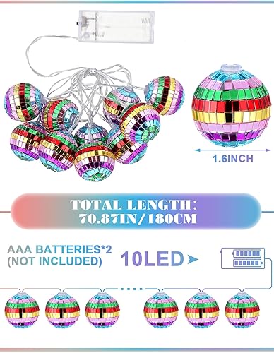 Miniatura 9 de BBTO Decoración de bola de discoteca LED de 9.84 pies de largo, adornos de bolas de discoteca de espejo de 1.57 pulgadas, funciona con pilas, mini