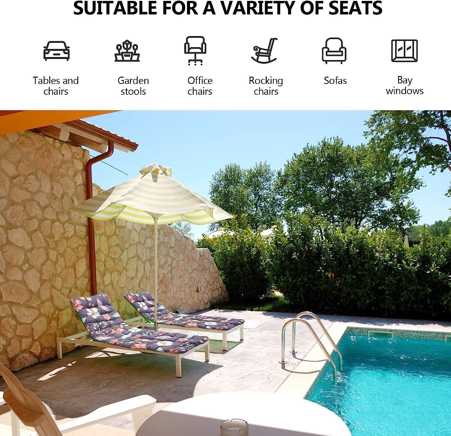 Coussin Pour Chaise Longue 48x85x8cm - Rembourrage épais, Housse Avec Sangles - Pour Jardin, Terrasse, Plage