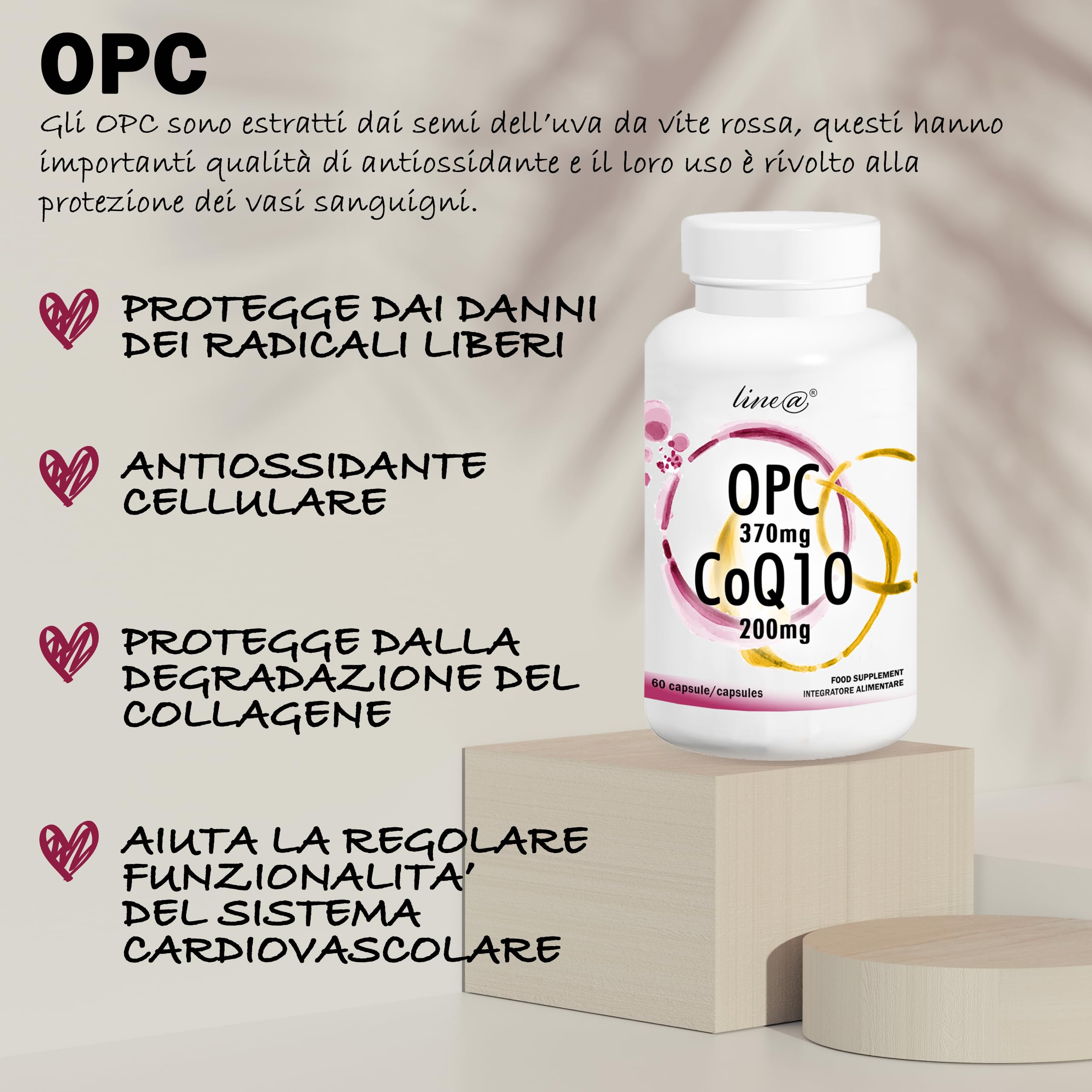 OPC e CoQ10 Line@ | Potente ANTIOSSIDANTE 2 in 1 | E.s. di VITE ROSSA 370mg e COENZIMA Q10 200mg | 60 capsule | 2 MESI
