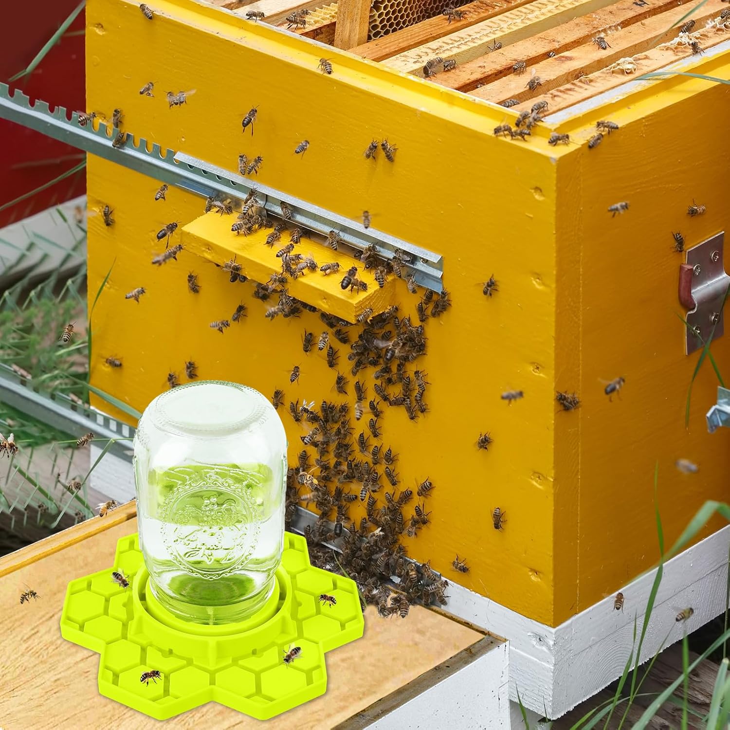 4 Pack Bee Feeder for Mason Jar, Silicone Bee Watering Station, Compatible with Regular and Wide Mouth, Bee Feeders for Hives, Beekeeping Supplies, Bee Waterer for Outside Garden(Yellow)