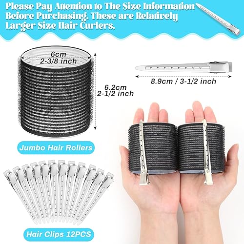 Miniatura 2 de Rulos para el cabello Jumbo, 12 piezas de rulos para el cabello con autoagarre y 12 clips de pico de pato de acero inoxidable para volumen de