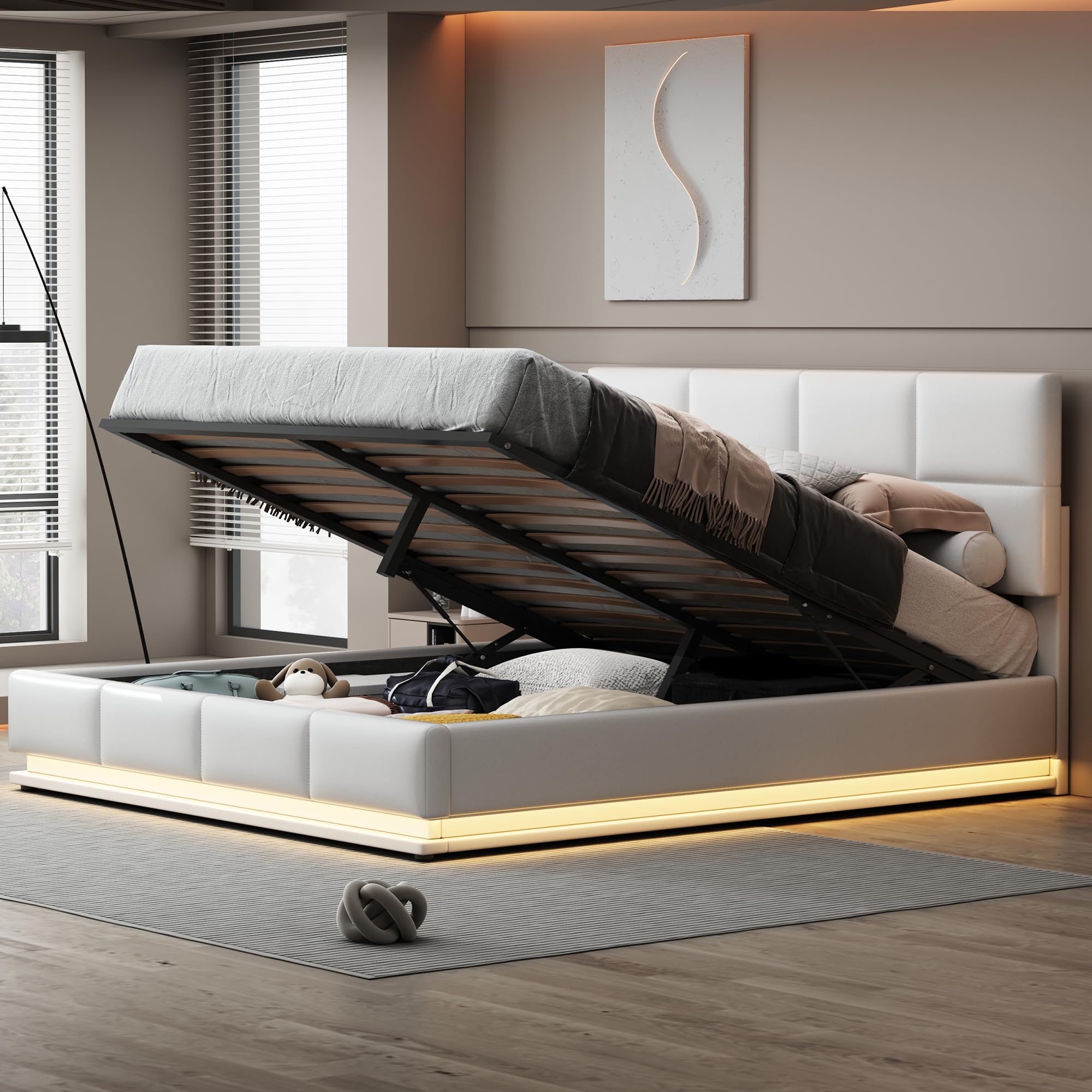 Merax Cama acolchada hidráulica de 180 x 200 cm, con espacio de almacenamiento, cama con iluminación LED, para jóvenes, adultos, piel sintética, color blanco (sin colchón)