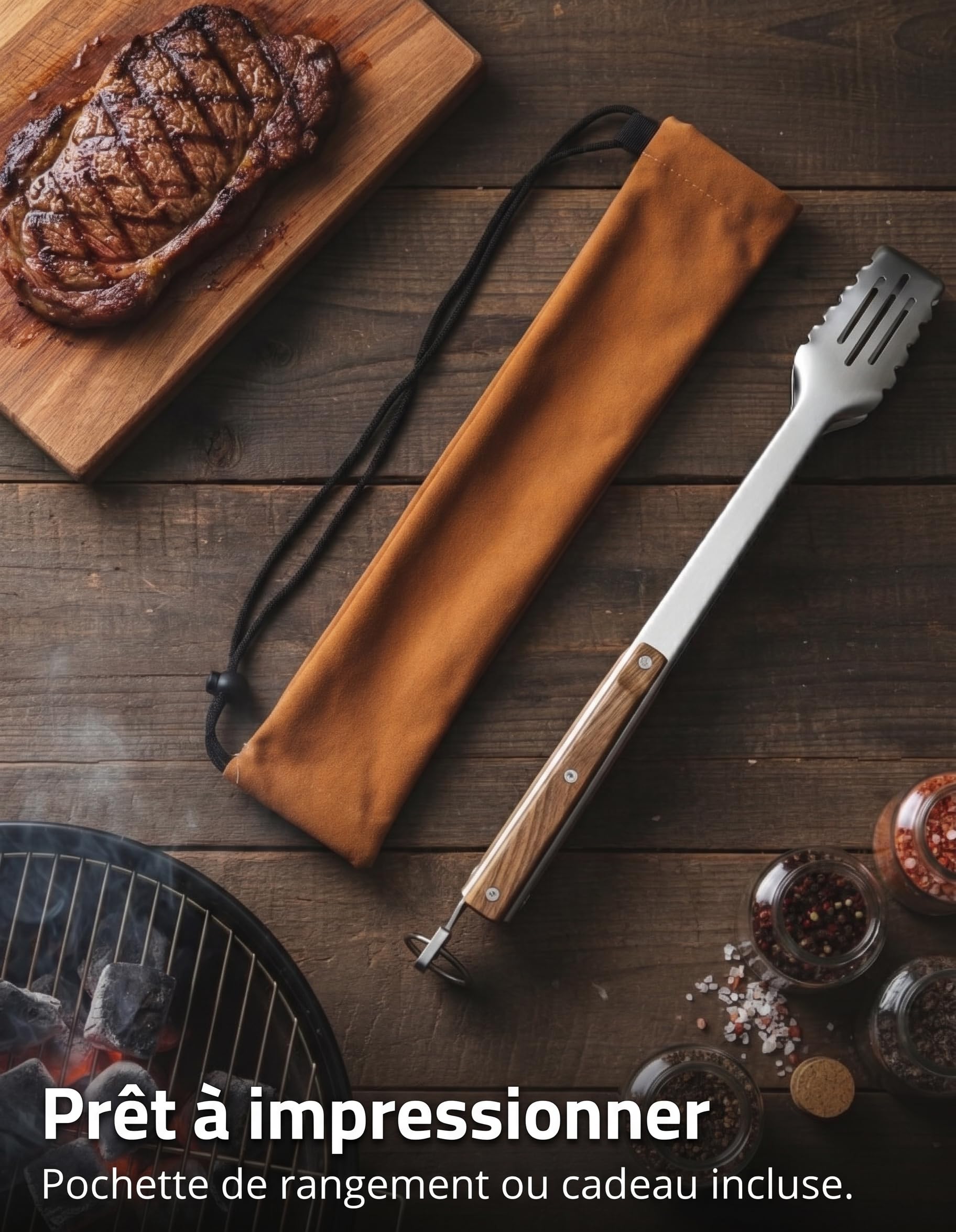 Pince Barbecue 43 cm Acier Inoxydable 304 - Pince Grillade Extra-Longue avec Manche Bois de Noyer, Embouts Dentelés Fentes, Anneau Verrouillage et Crochet, Pochette Cadeau Incluse - Stone & Clark