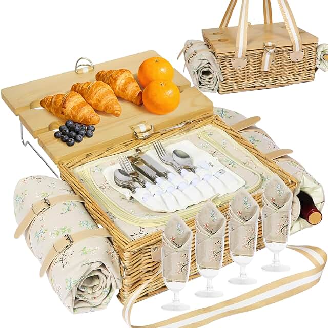 Picnic Basket for 4 with Folding Table, Large Wicker Picnic Basket Set w...