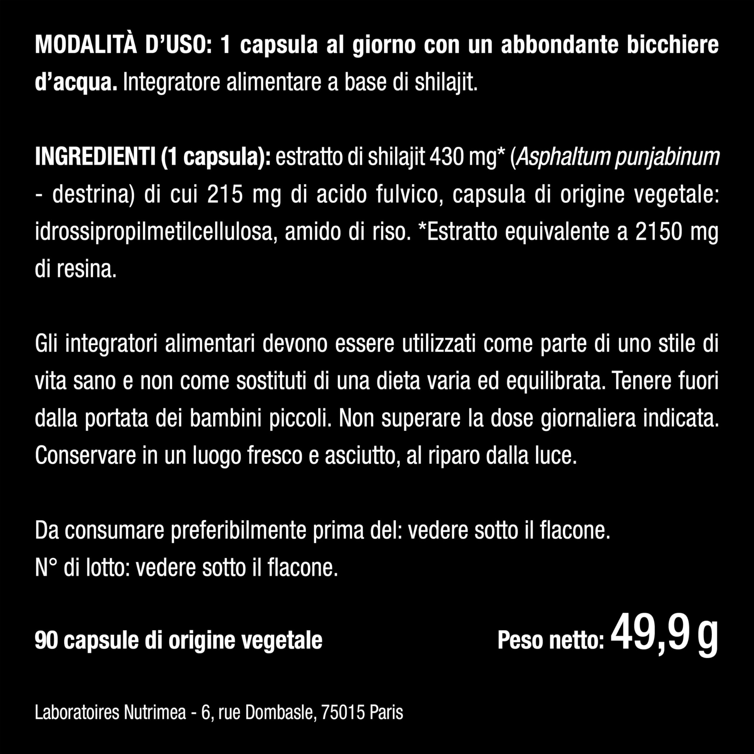 Shilajit Puro | 2150 mg per Capsula | Estratto 5:1 Standardizzato al 50% in Acido Fulvico | 100% Puro | 90 capsule | Nutrimea
