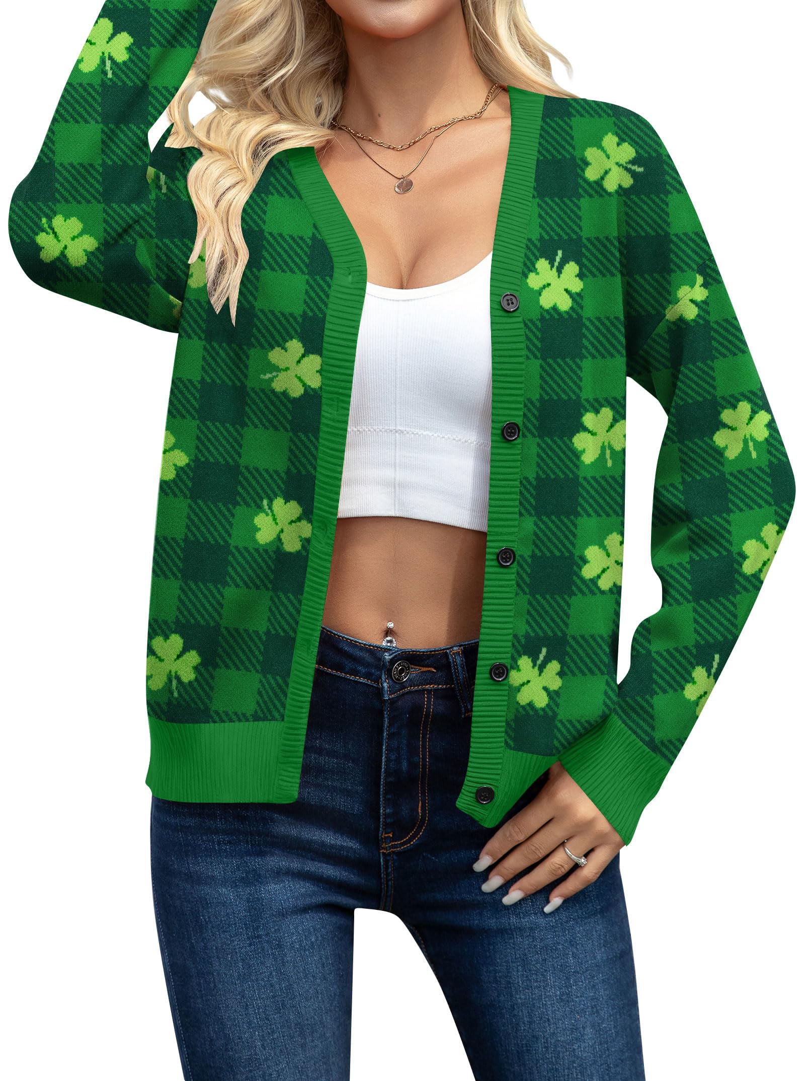 St Patricks Day Cardigan Sweaters for Women Lucky Shamrock Knit Sweater Button Down V Neck Open Front Outerwear-image-19