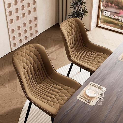 Miniatura 6 de YOUNIKE Juego de 2 sillas de comedor color marrón con respaldo alto, sillas modernas de cocina y comedor de mediados de siglo, tapizadas de piel